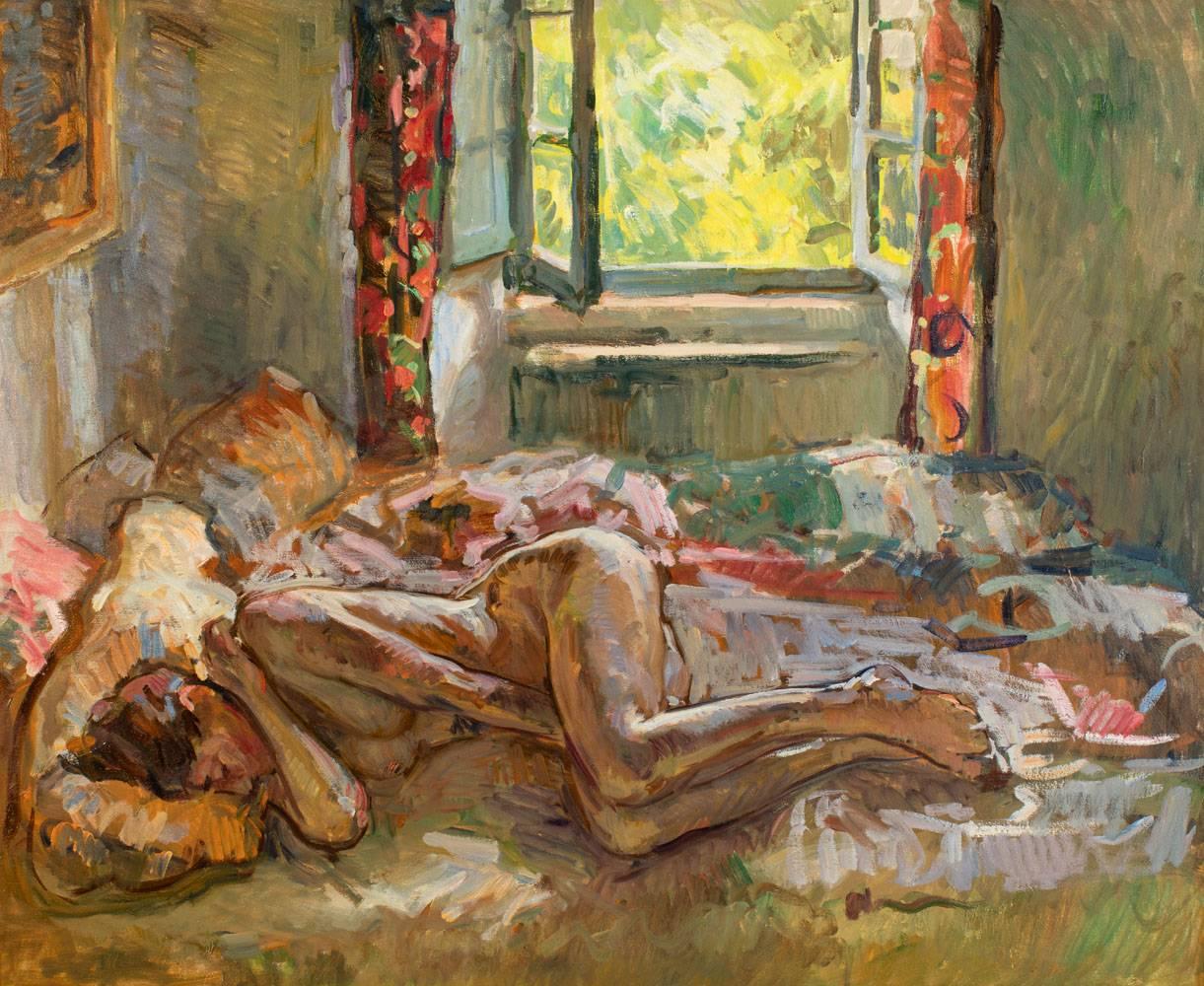 "Daydream" peinture impressionniste contemporaine, nu allongé au repos, coloré.