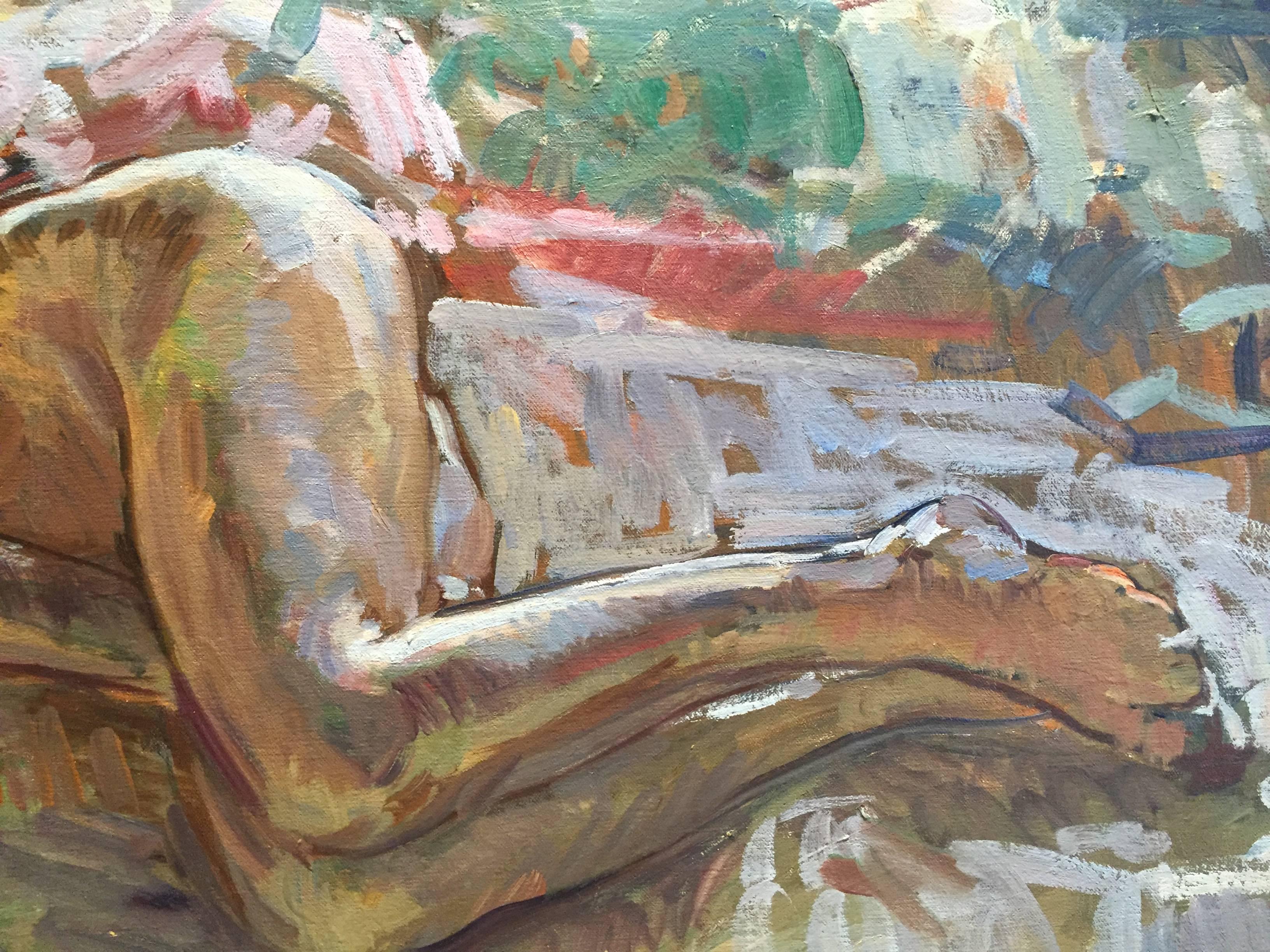 An oil painting of a nude woman, sleeping cozily in the daytime. A nude figure sleeps curled up on a bed adorned with printed textiles. The open window beams light from a bright and sunny day. The window is bordered with printed red drapes. Colors