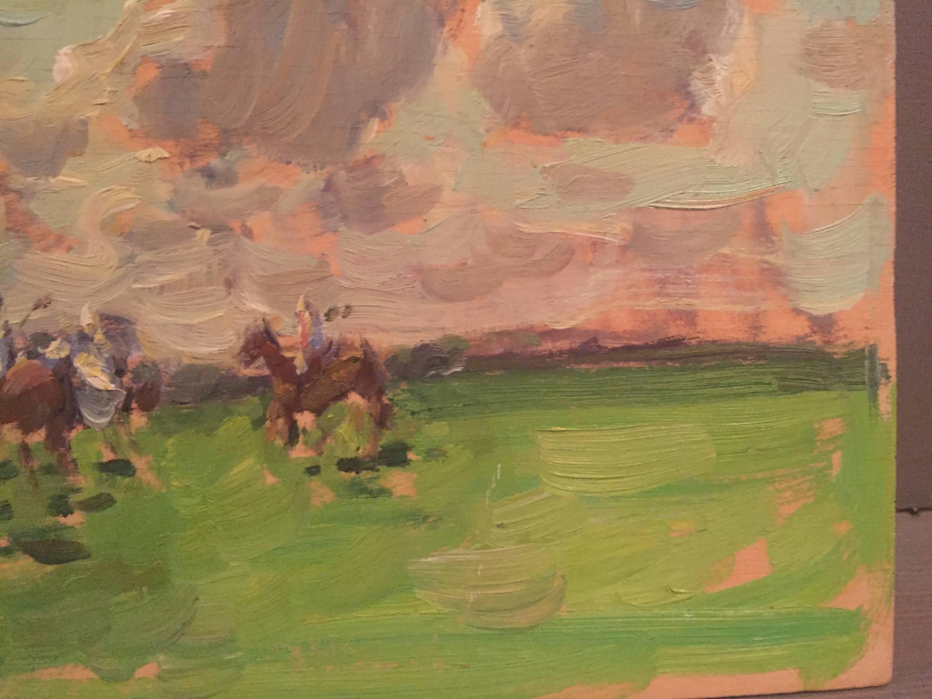 This painting is unframed. 

Painted en plein-air at a polo match in Wellington, Florida. Horses run through a sun-lit polo field with jockeys with mallets on their backs. Clouds are backlit and fluffy. 

Ben Fenske (b. 1978) although a native of