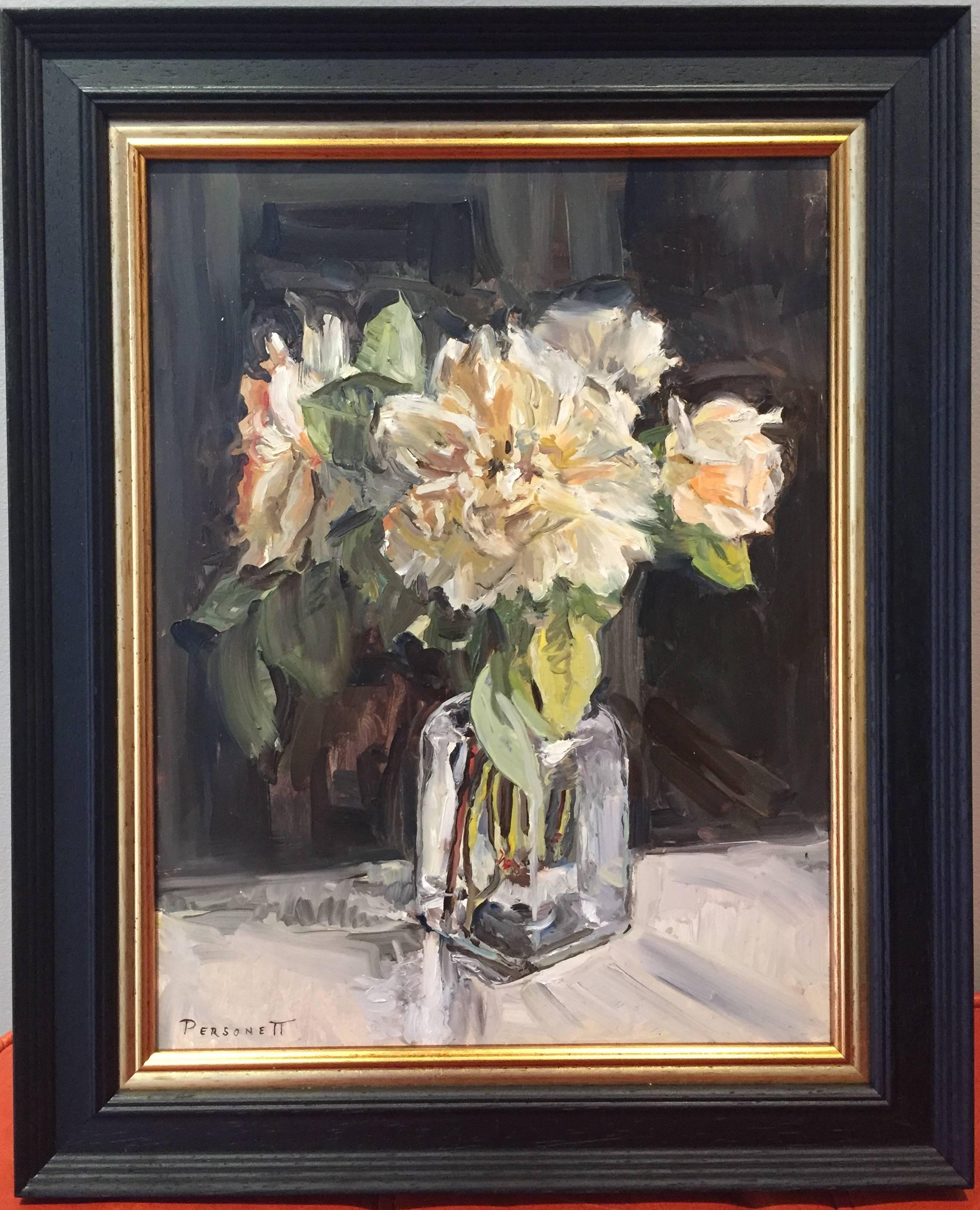 White Roses in Glass - Painting by Rachel Personett