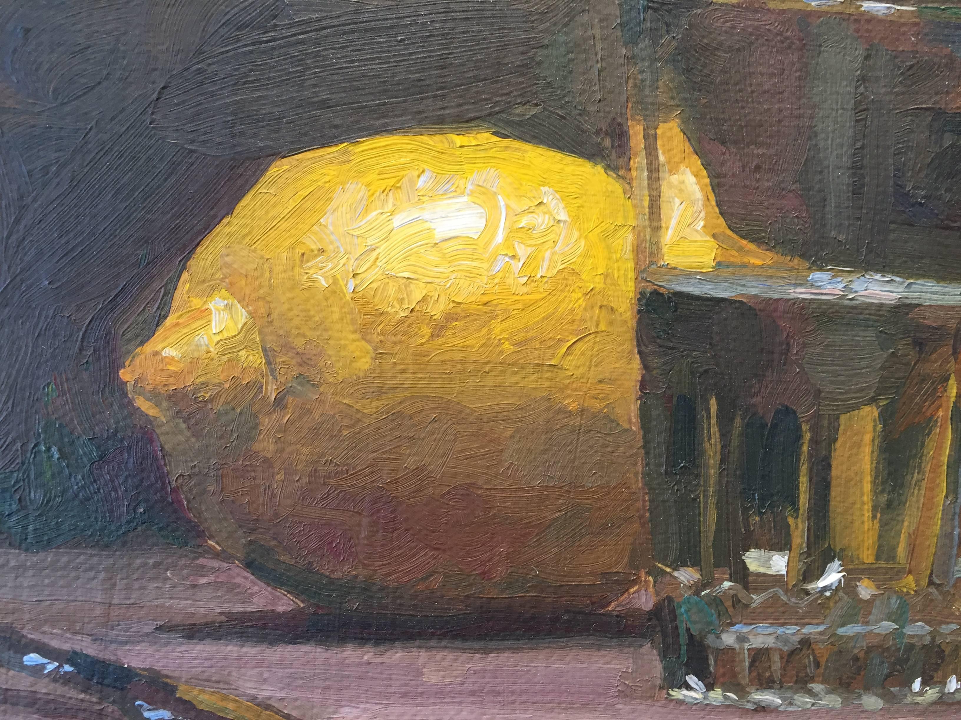 Lemon Painting with Glass - Black Still-Life Painting by Jacob Collins