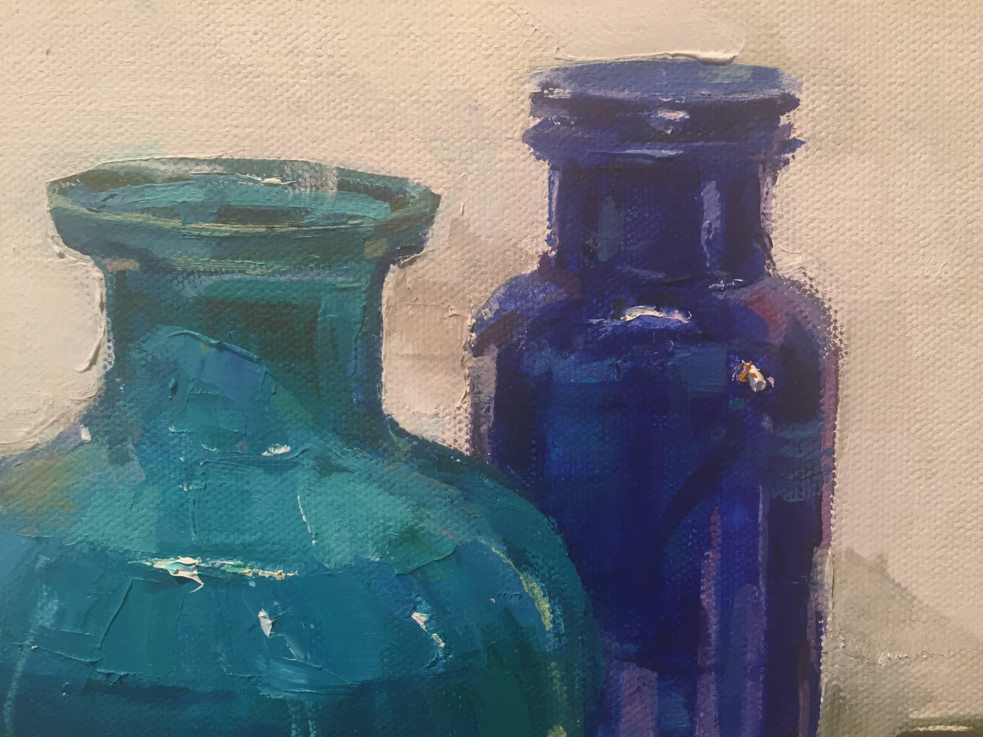 The Blues - Gray Still-Life Painting by Beth Rundquist