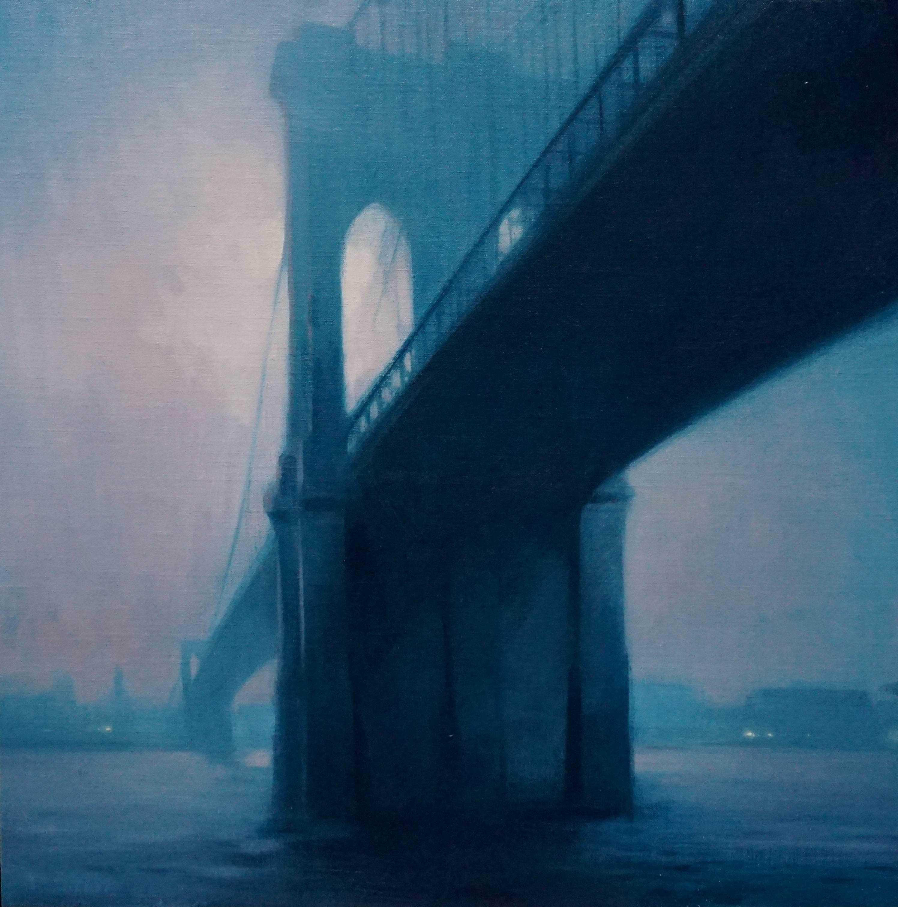Stephen Bauman Landscape Painting - "Brooklyn Bridge" - Contemporary oil painting, New York City fog, moody tones