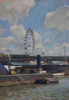 "London Eye" peinture à l'huile impressionniste contemporaine de la célèbre Ferry Wheel au Royaume-Uni