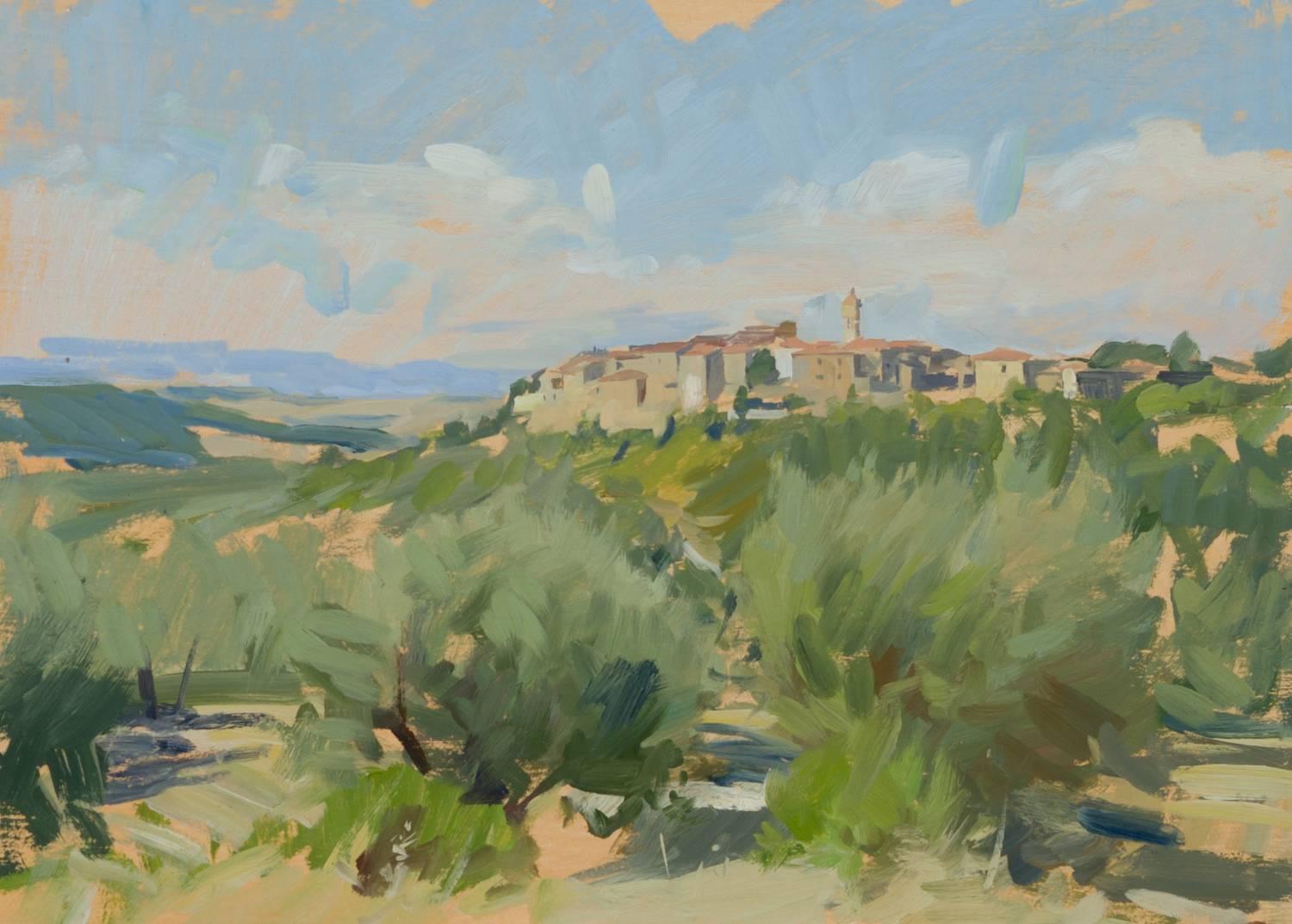 Marc Dalessio Landscape Painting – "Castelmuzio" zeitgenössische impressionistische Pleinairmalerei, kleine Ölstudie