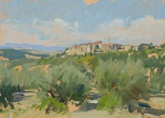 "Castelmuzio" peinture impressionniste contemporaine de plein air, petite étude à l'huile.