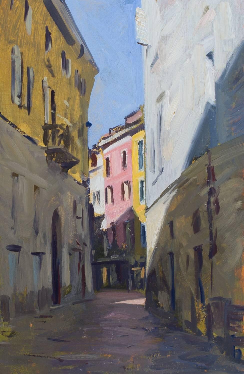 Marc Dalessio Still-Life Painting - "Street in Varese" 2014 contemporary realist Italian streetscape, pink & yellow