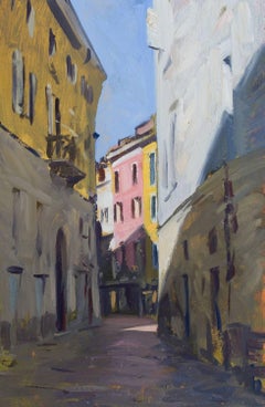 « Street in Varese » 2014 peinture à l'huile - paysage de rue réaliste italien, rose et jaune