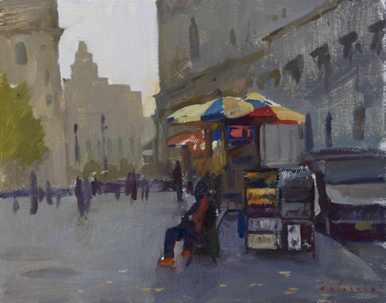 Marc Dalessio Landscape Painting - "Print Seller" 2014 - contemporary plein air painting of New York City figure