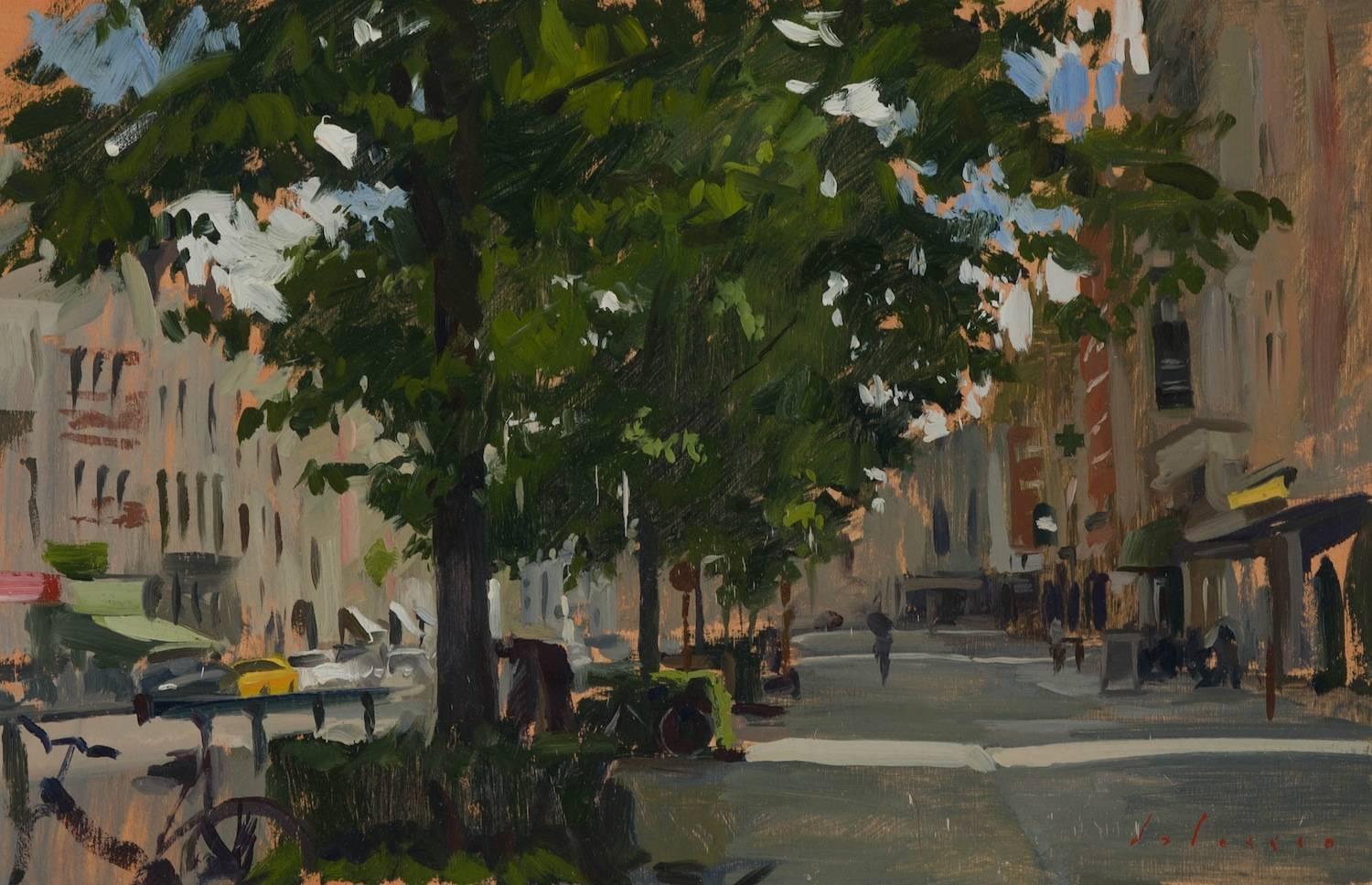 "Belgique" peinture contemporaine en plein air d'un paysage de rue européen, tons neutres.