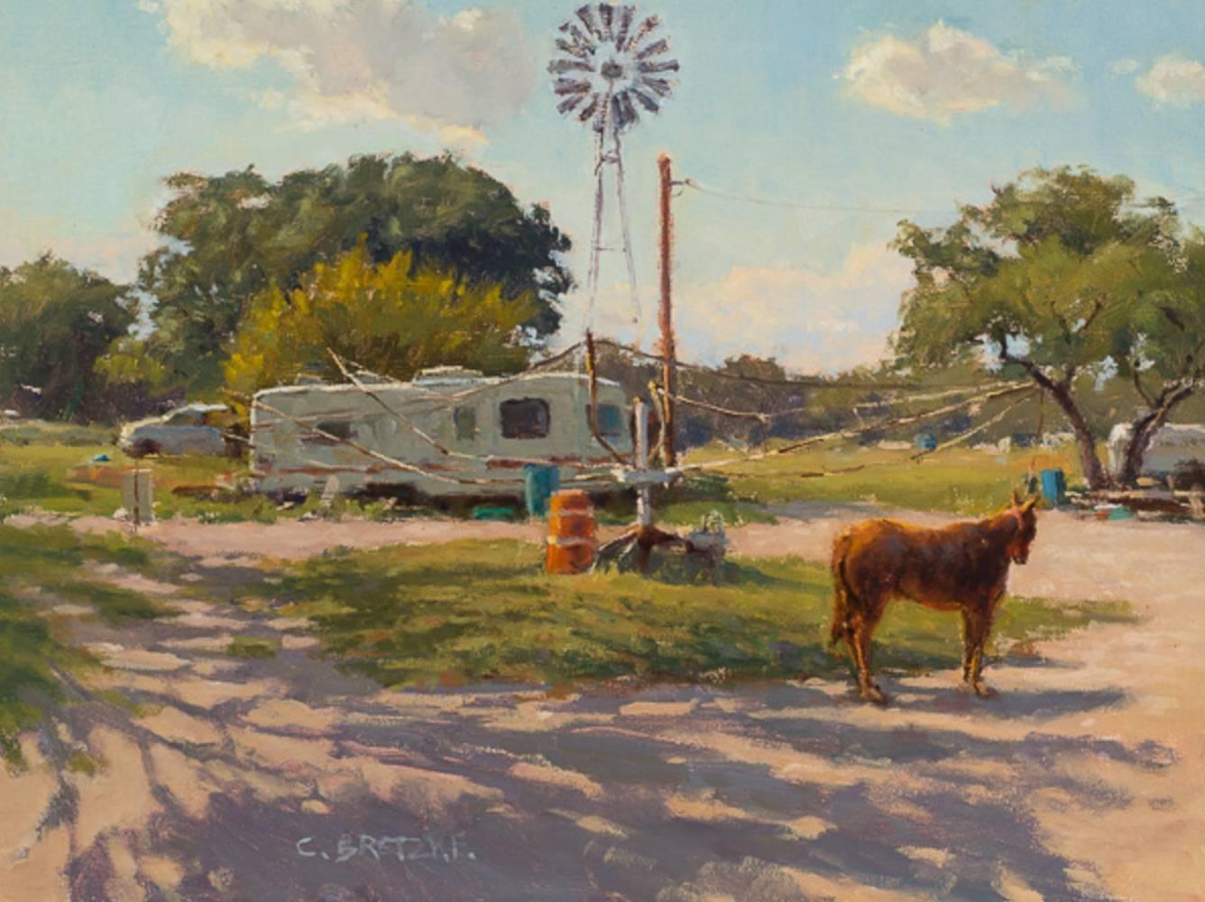 Carl Bretzke Landscape Painting – Pferde auf einem Rad