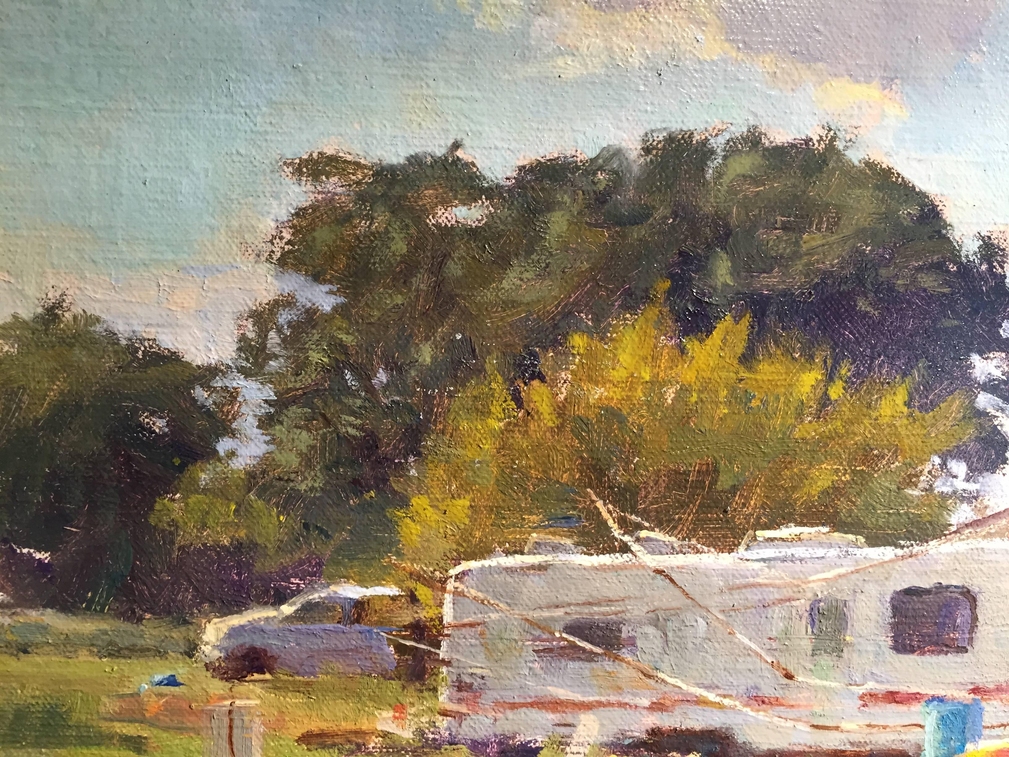 Painted en plein air in rural america, a horse stands alone on a dirt culdisac. A tall pinwheel tower stands central to the composition. A trailer and car parked beneath the horizon.

Frame dimensions: 17 x 21 inches

Carl Bretzke is a