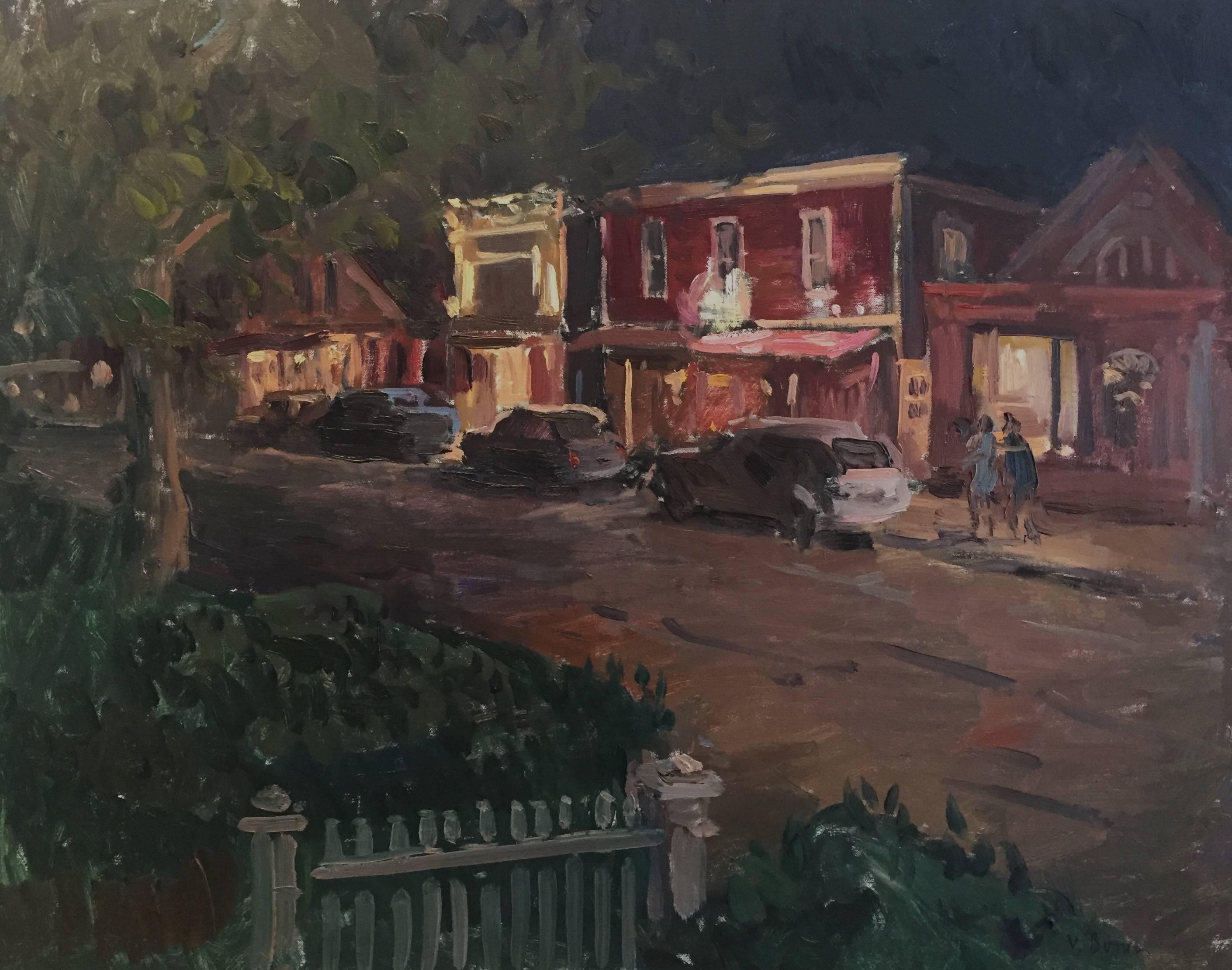 „Evening, Madison Street“, Ölgemälde von Sag Harbor, charmante Straßenlandschaft, Nacht