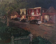 „Evening, Madison Street“, Ölgemälde von Sag Harbor, charmante Straßenlandschaft, Nacht