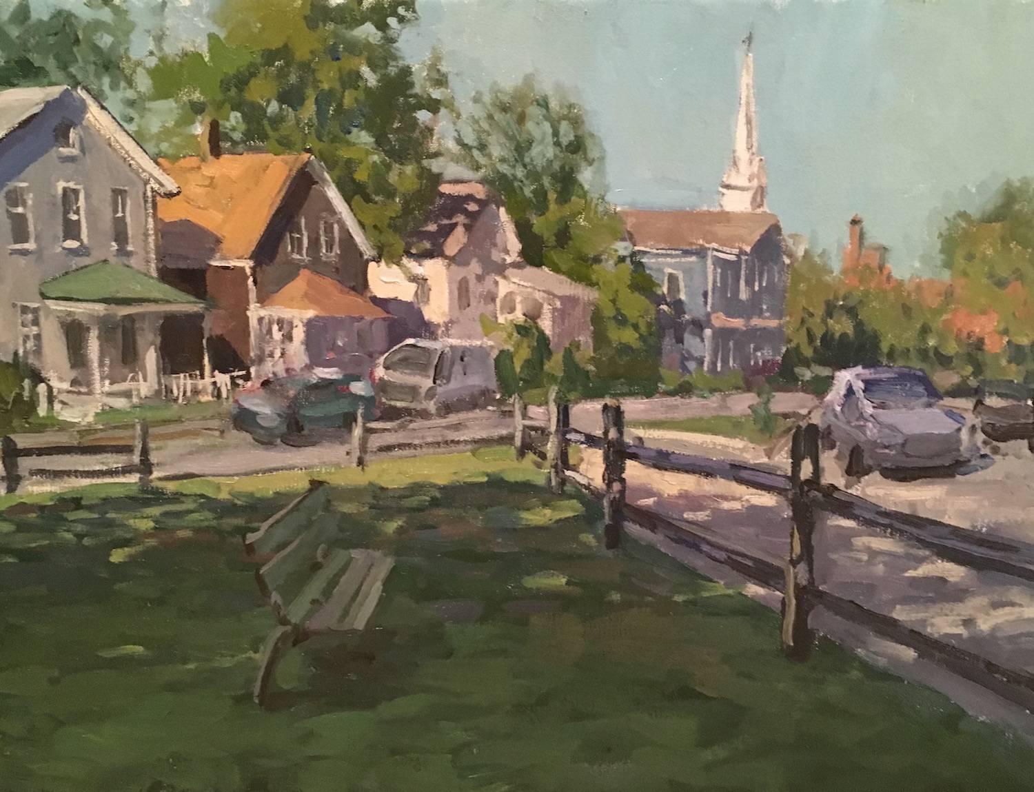 "Vue du village" - 2016 peinture à l'huile du célèbre village historique de Hamptons, Sag Harbor.