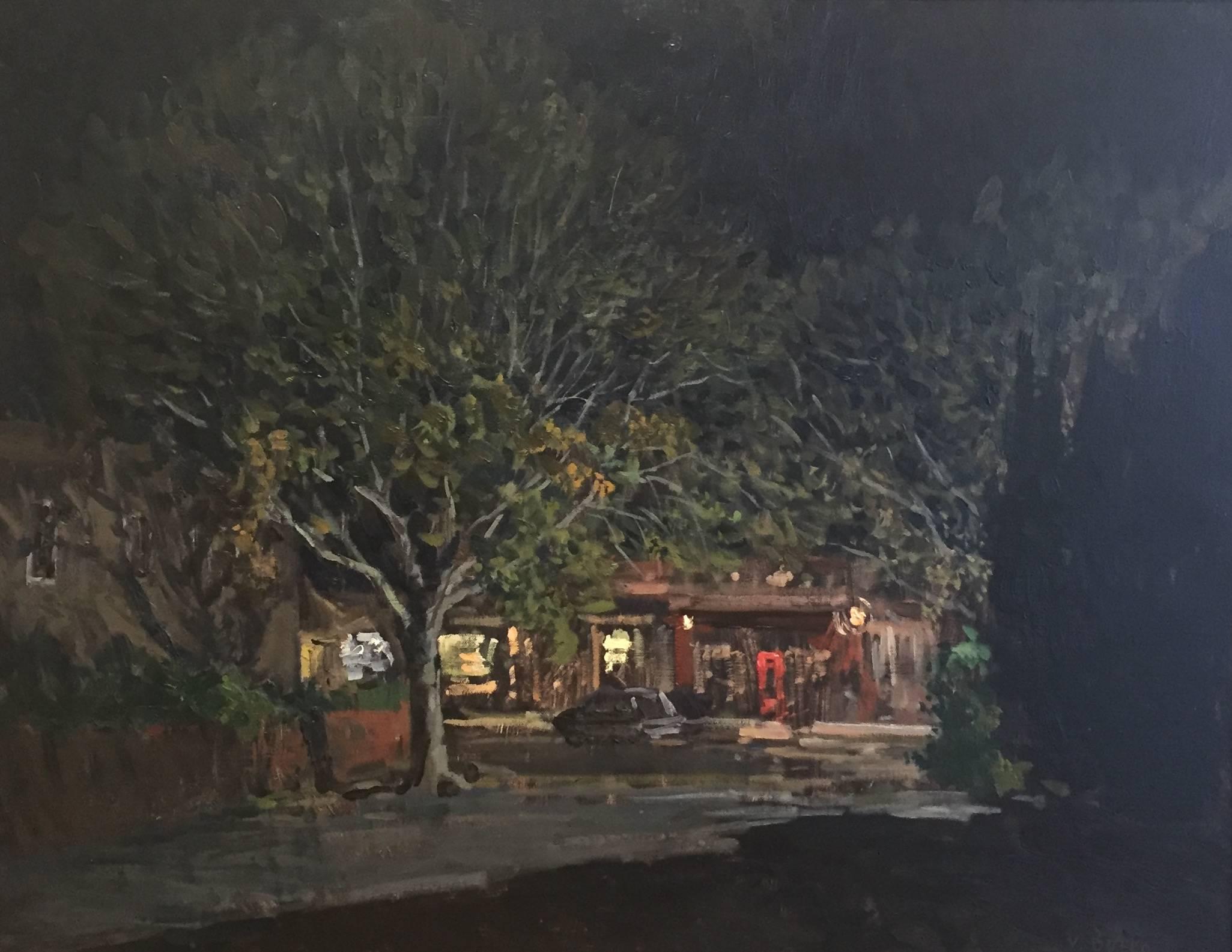 "Bookstore from the Bank" 2017 pittura ad olio, scena di strada impressionista di notte - Art di Viktor Butko