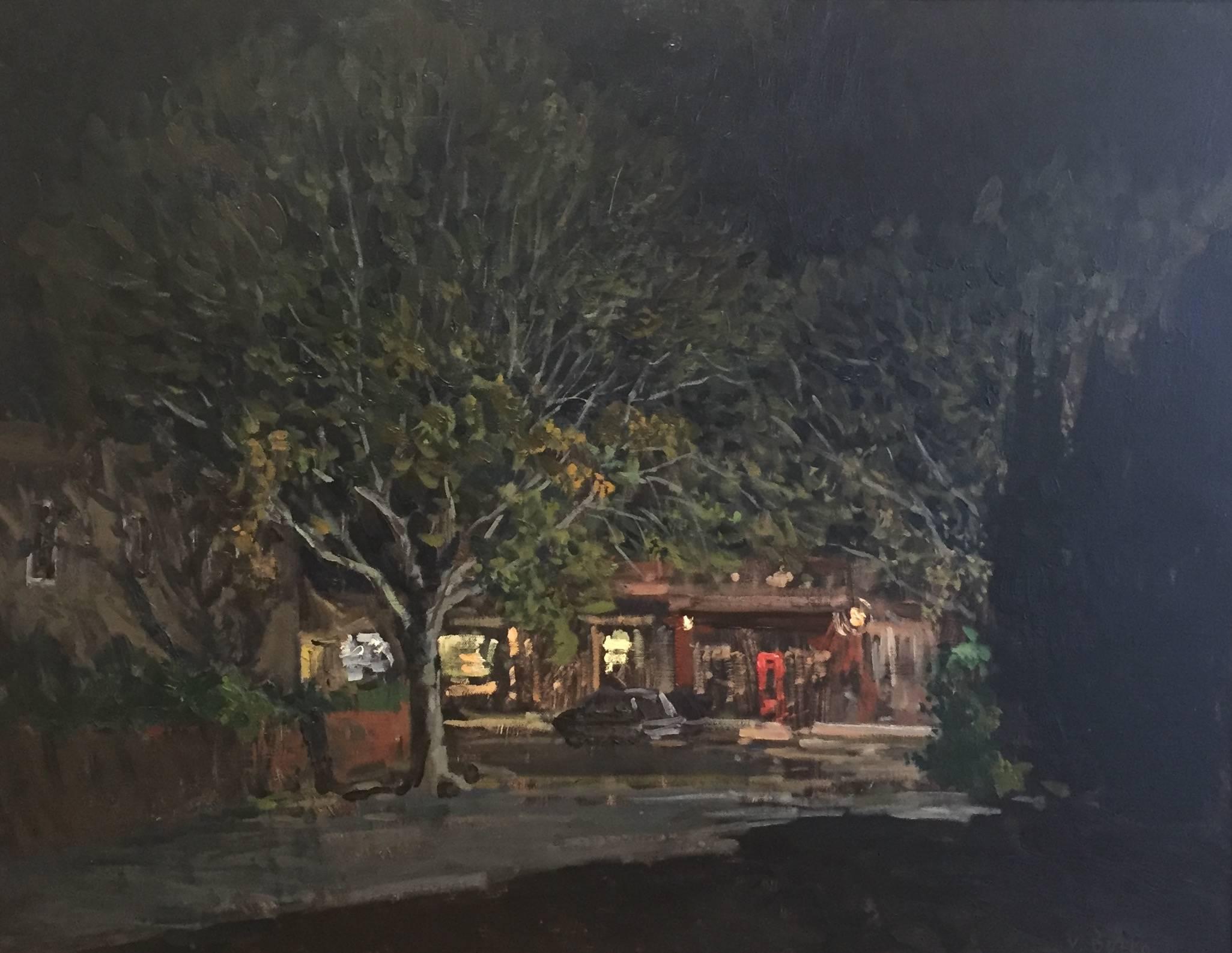 "Bookstore from the Bank" 2017 oil painting, impressionist street scene at night