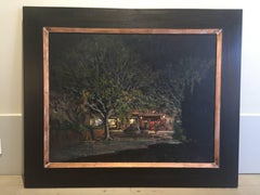 "Bookstore from the Bank" 2017 pittura ad olio, scena di strada impressionista di notte