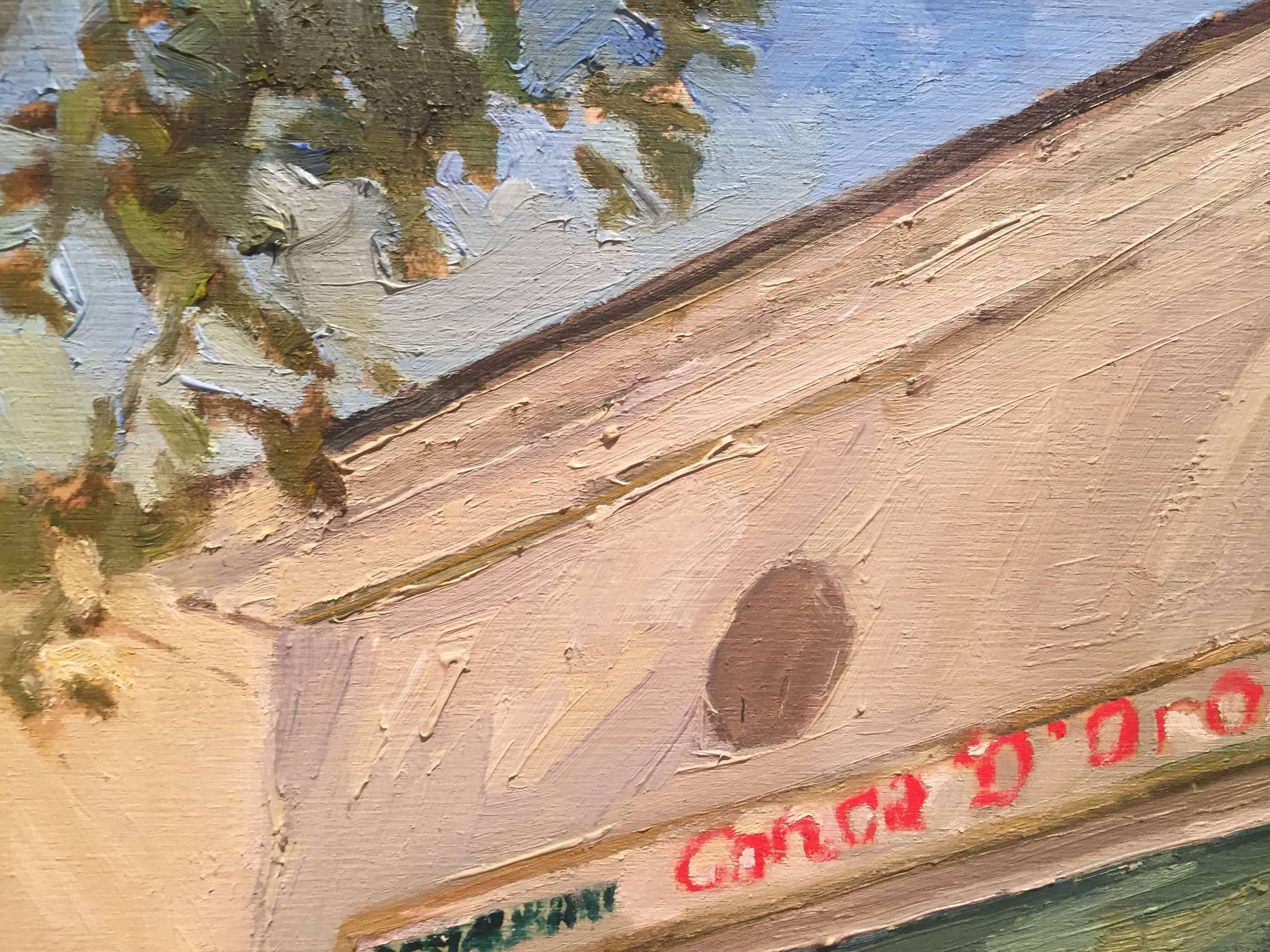 Painted en plein air, in Sag Harbor, New York, the local Pizza Place, painted just weeks before they closed down after 42 years of service. Lucas has captured a local landmark at a crucial time, solidifying importance. Door swung open, neon sign on,
