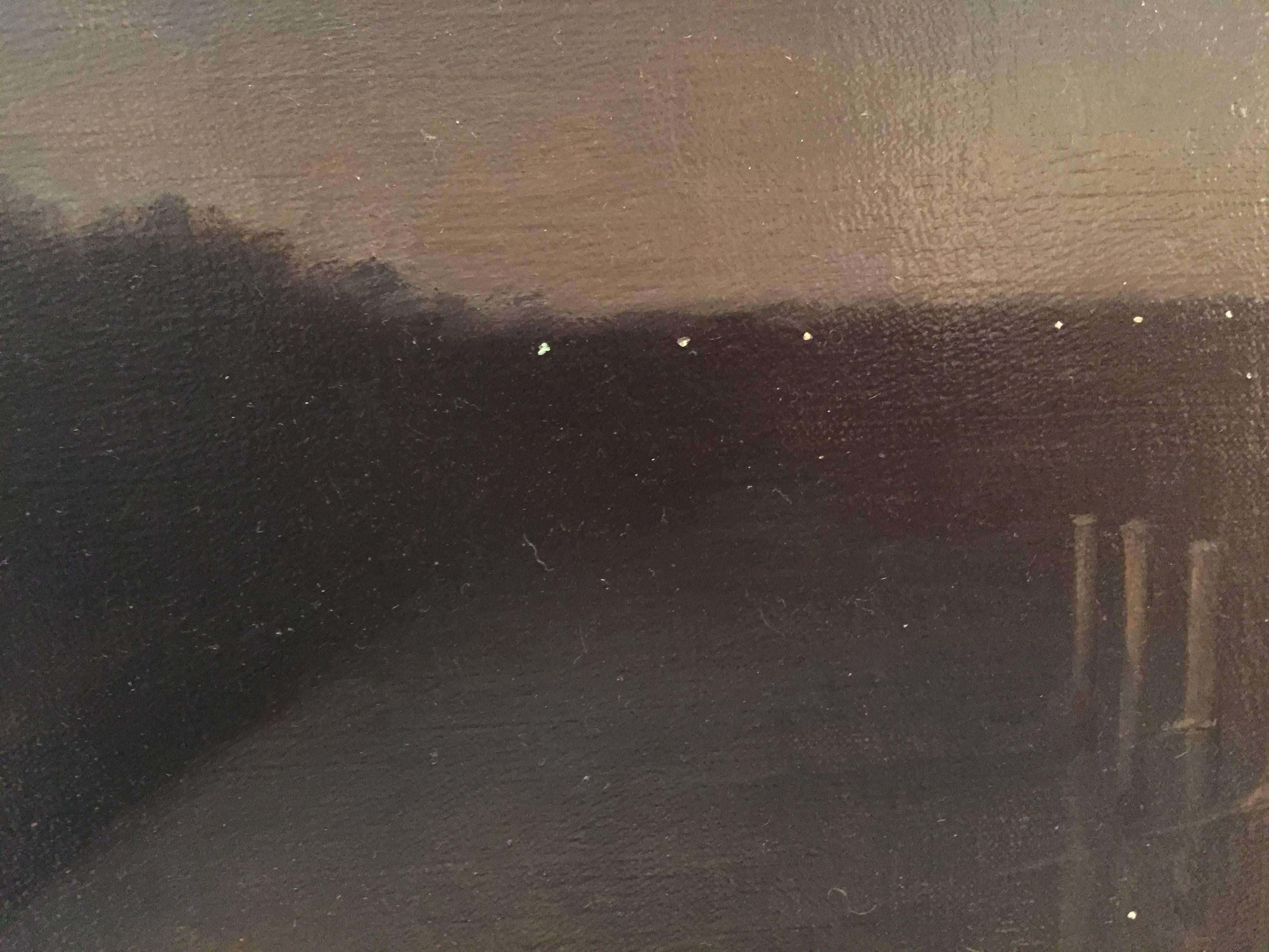 Painted from life, a nocturne scene of a dock on the bay. A single lamppost shines its light on the thin dock and onto the still gray water below. The horizon is made up of dark bushy outlines on the left, and then straightens out as land becomes