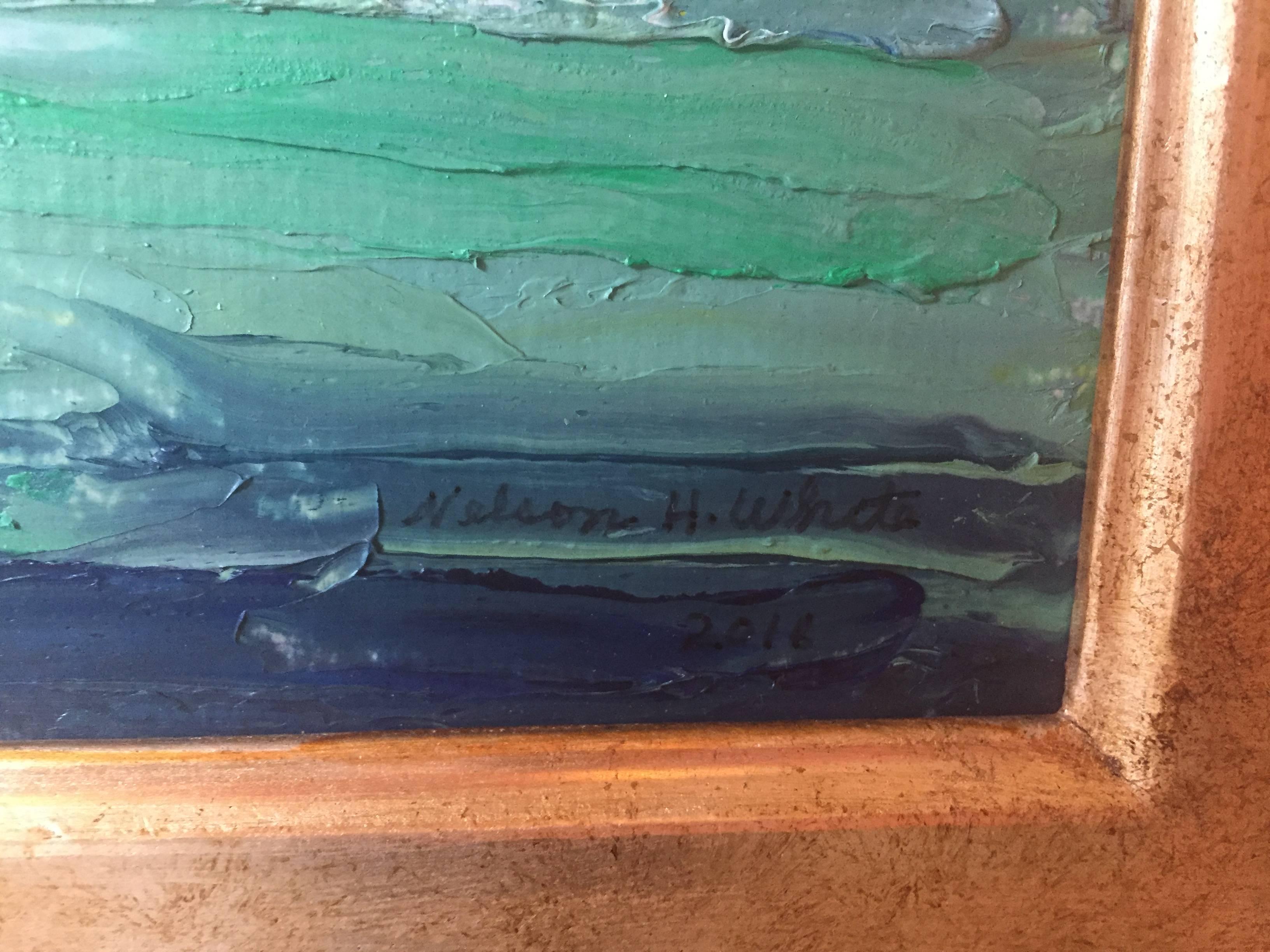 Pintado en plein air en las Bahamas, un estrecho paisaje marino bajo un cielo lila pálido. Un único velero se eleva en el lejano horizonte. Tonos verdes, verde azulado y azules componen la textura del agua en primer plano. 

Nelson H. White nació en