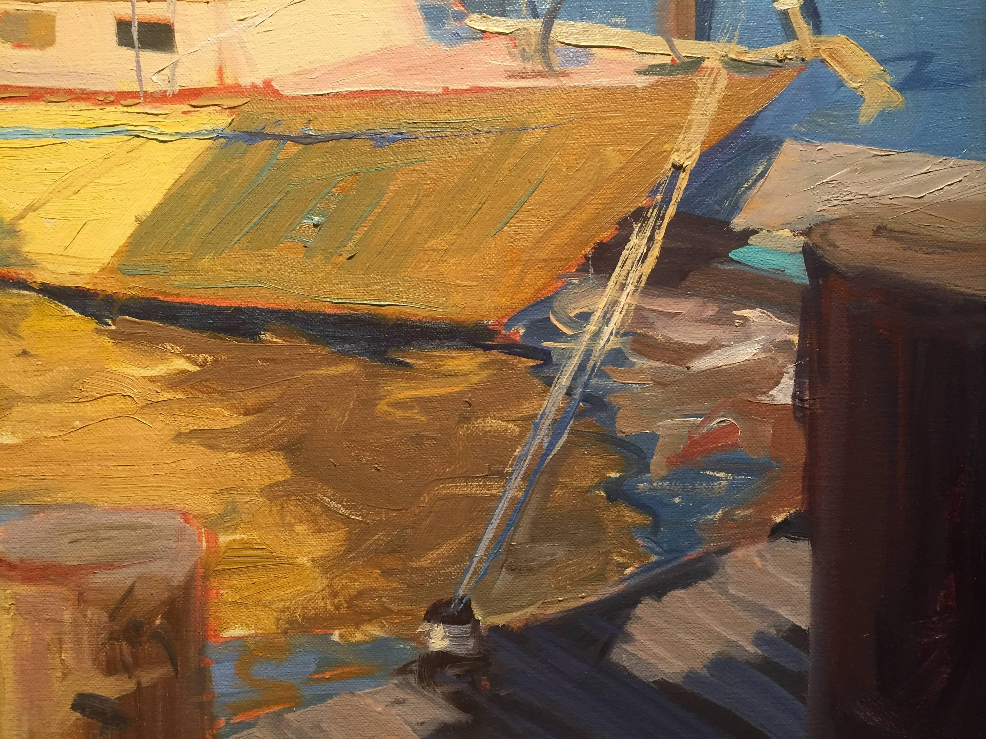 Shipyard de Greenport, après-midi - Gris Landscape Painting par Thomas Cardone