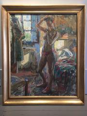 "Blue Light Nude, Bea" zeitgenössisches impressionistisches Gemälde einer stehenden Muse