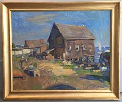 "Boathouse, Luz del Atardecer" pintura al óleo impresionista contemporánea en plein air