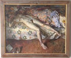 "Floral Sheets" contemporary impressionist painting of resting nude woman