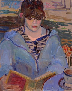 "Reading" contemporary oil painting of woman with book, Signed & Framed 21x17in