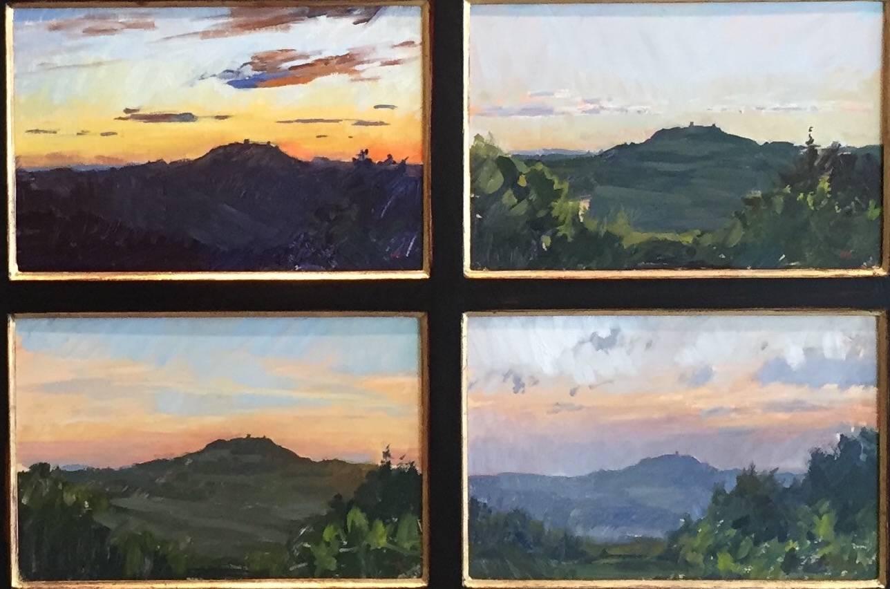 Neun toskanische Sonnenuntergänge (Schwarz), Landscape Painting, von Marc Dalessio