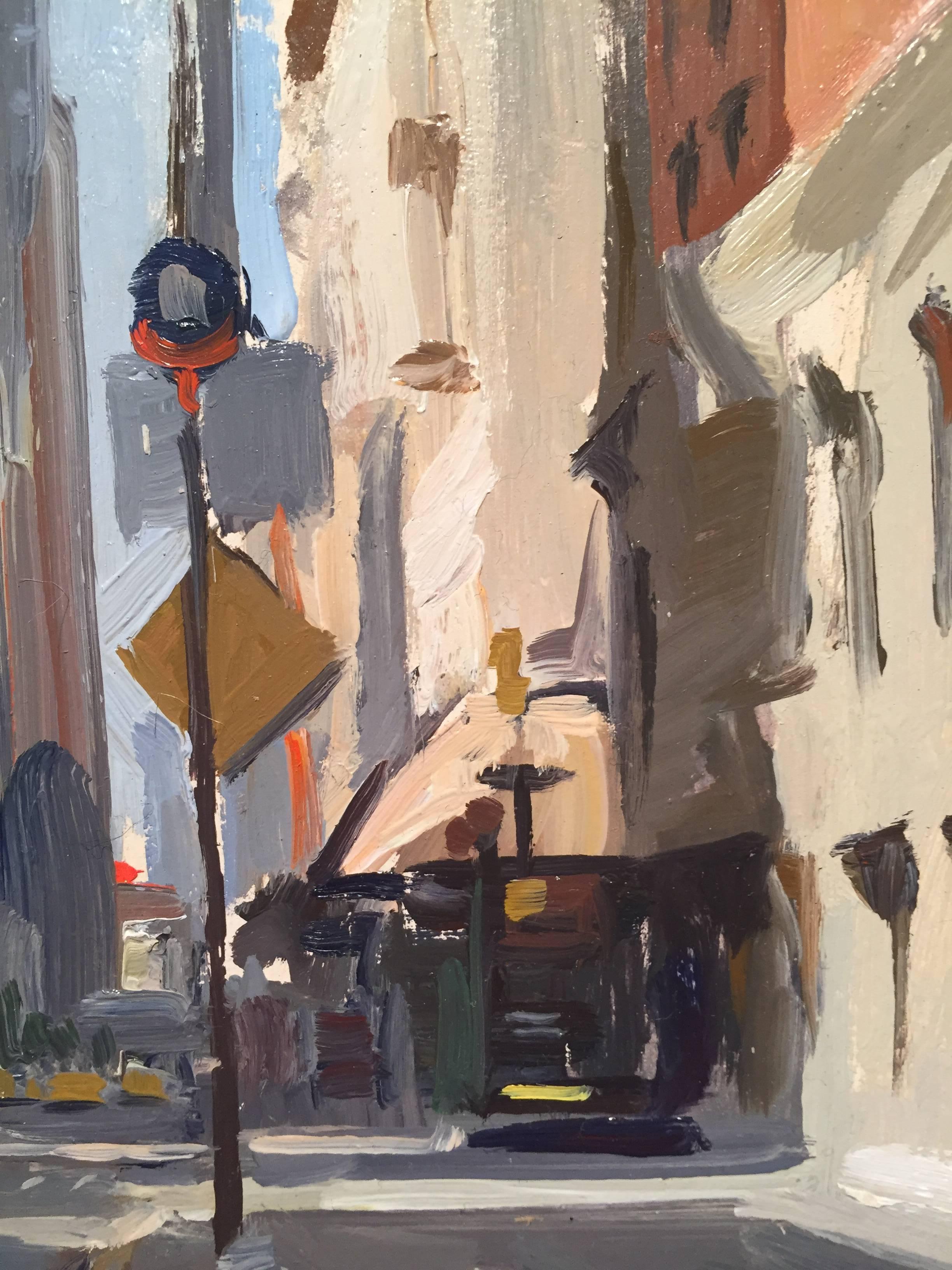One of Dalessio's talent's is capturing serenity in a chaotic city with his plein-air cityscapes. Church Street Tribeca is a great example of Dalessio's keen eye for light and composition. The viewer is placed directly on the sidewalk, with street