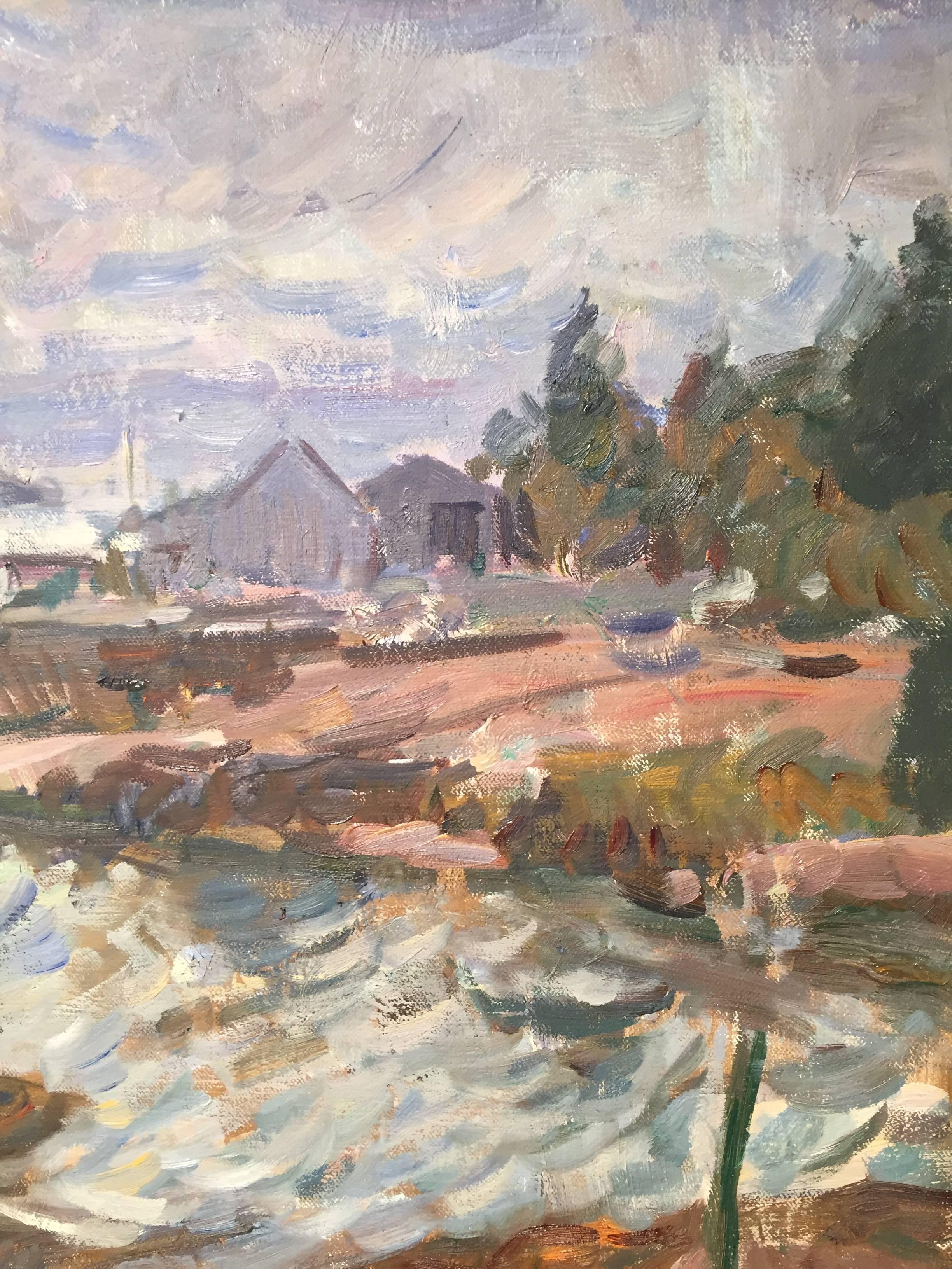 Overcast Harbor, Stonington - Impressionist Painting by Ben Fenske