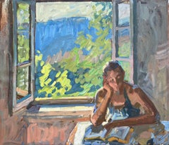 "Book" contemporary impressionist painting of woman reading with open window