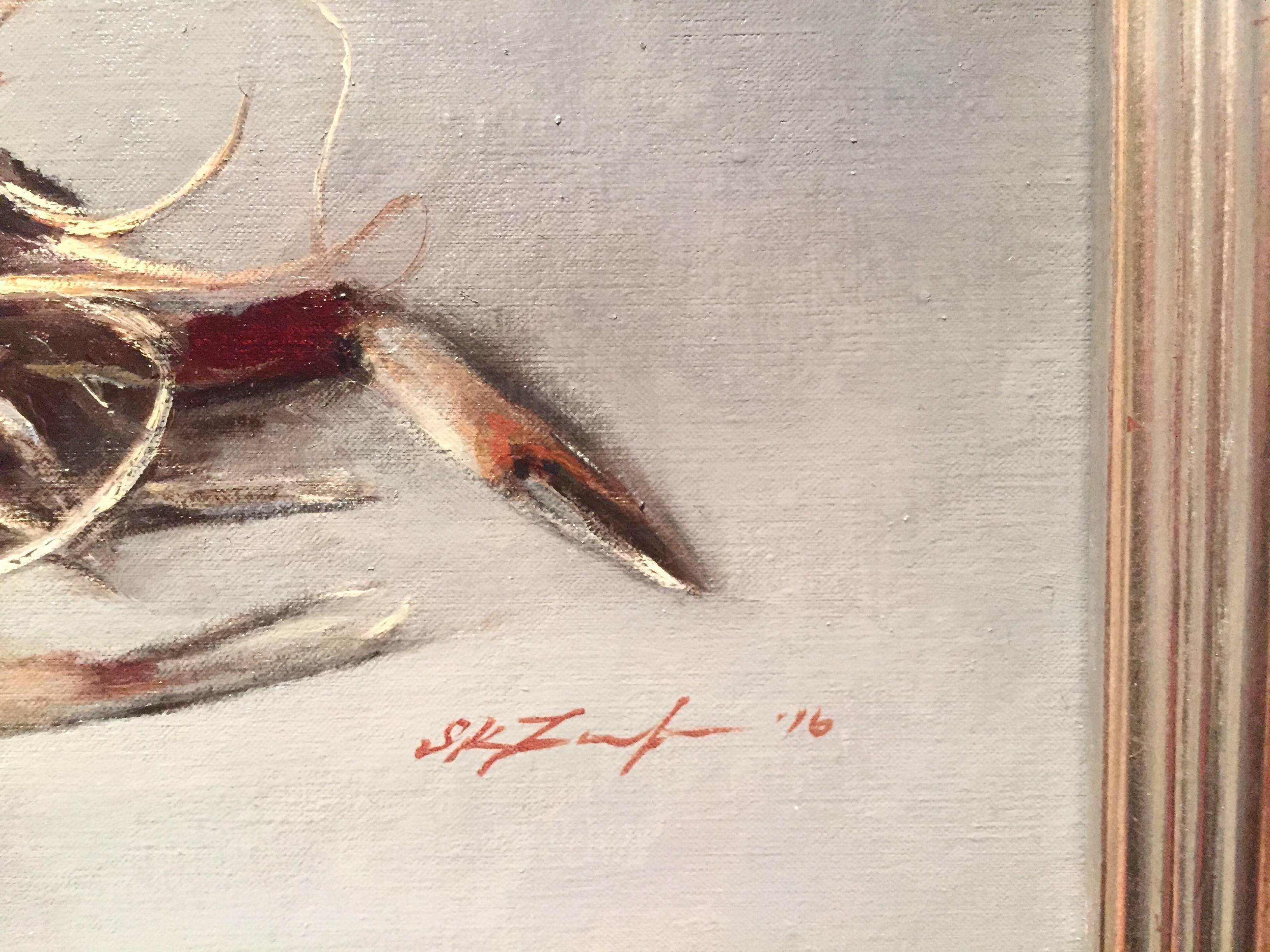 This oil on linen contemporary trompe l'oeil still life depicts a lonesome crustacean lays within a simple grey environment, arms reaching forward, antennae curving awry. 

Sarah Lamb is a talented and dynamic realist painter. With classical