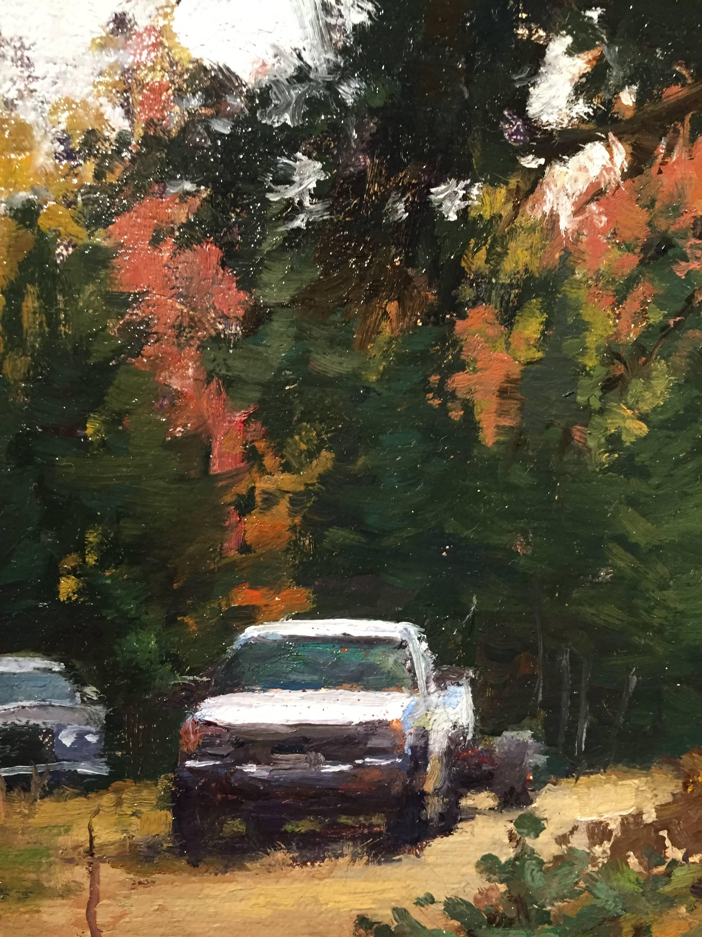 VW Bus in the Woods - American Impressionist Painting by Carl Bretzke