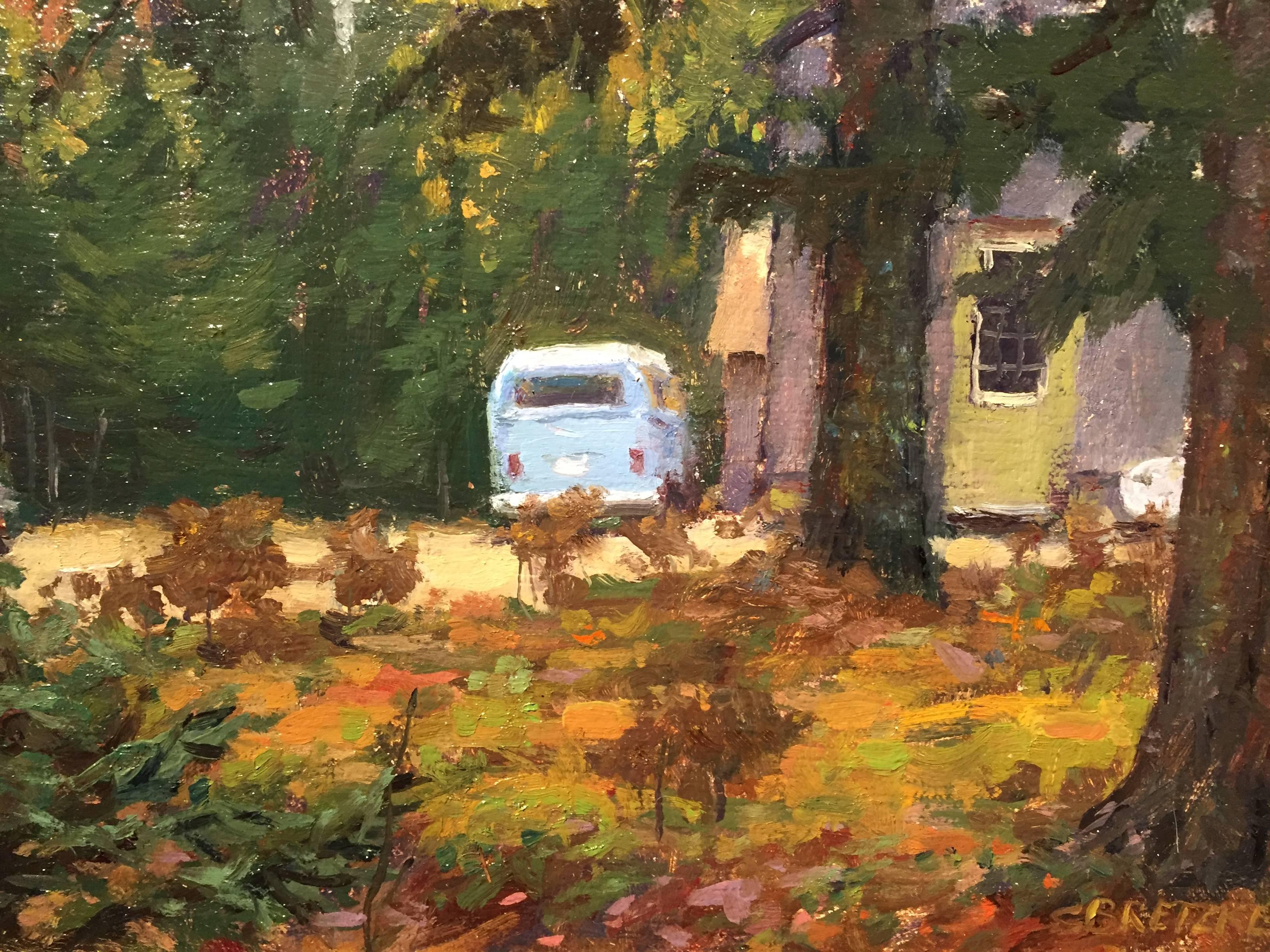 VW Bus in the Woods - Black Landscape Painting by Carl Bretzke