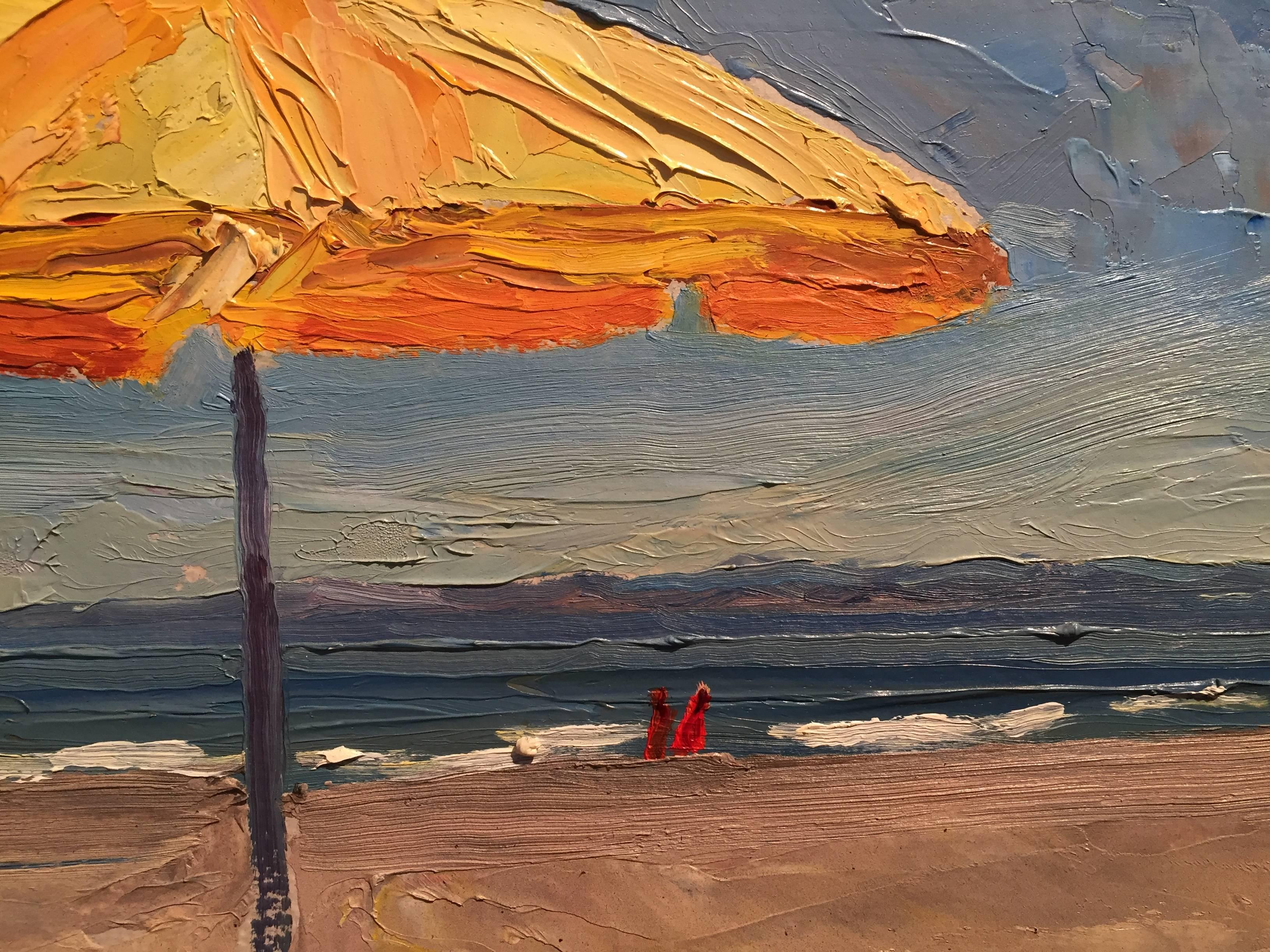 A Yellow Umbrella painted en plein-air on a beach in Italy, a distant couple walk along the shore in red garments, a white sailboat soars across the horizon.

Nelson H. White was born in New London, Connecticut in 1932. White has been surrounded by