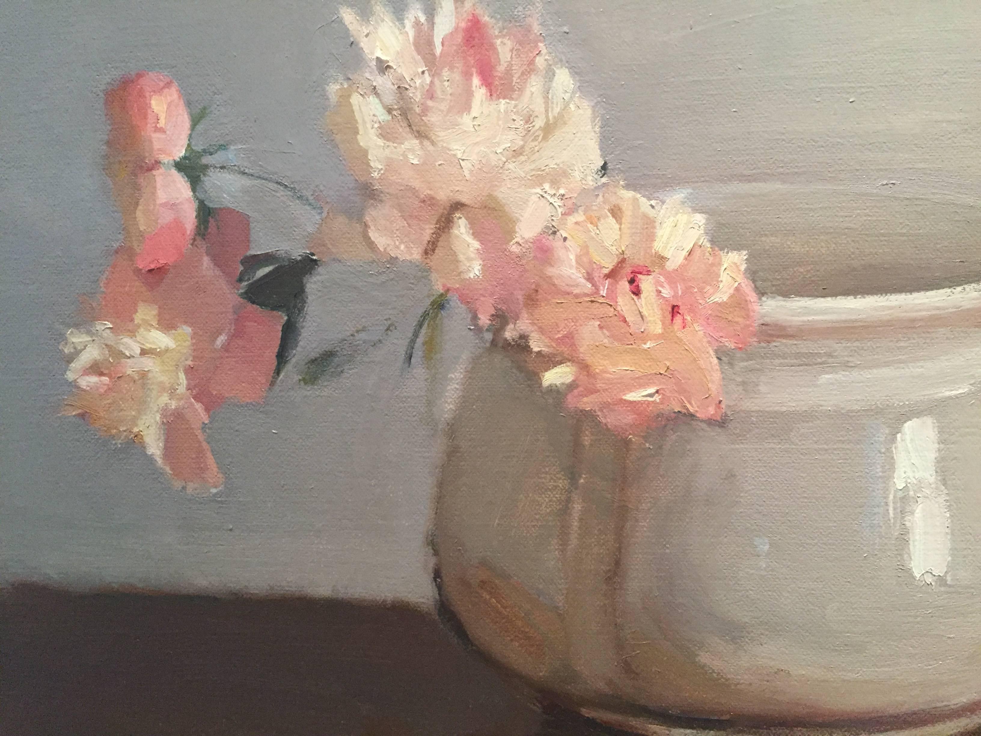 Pink Peonies in Grey Pot - Gray Still-Life Painting by Maryann Lucas