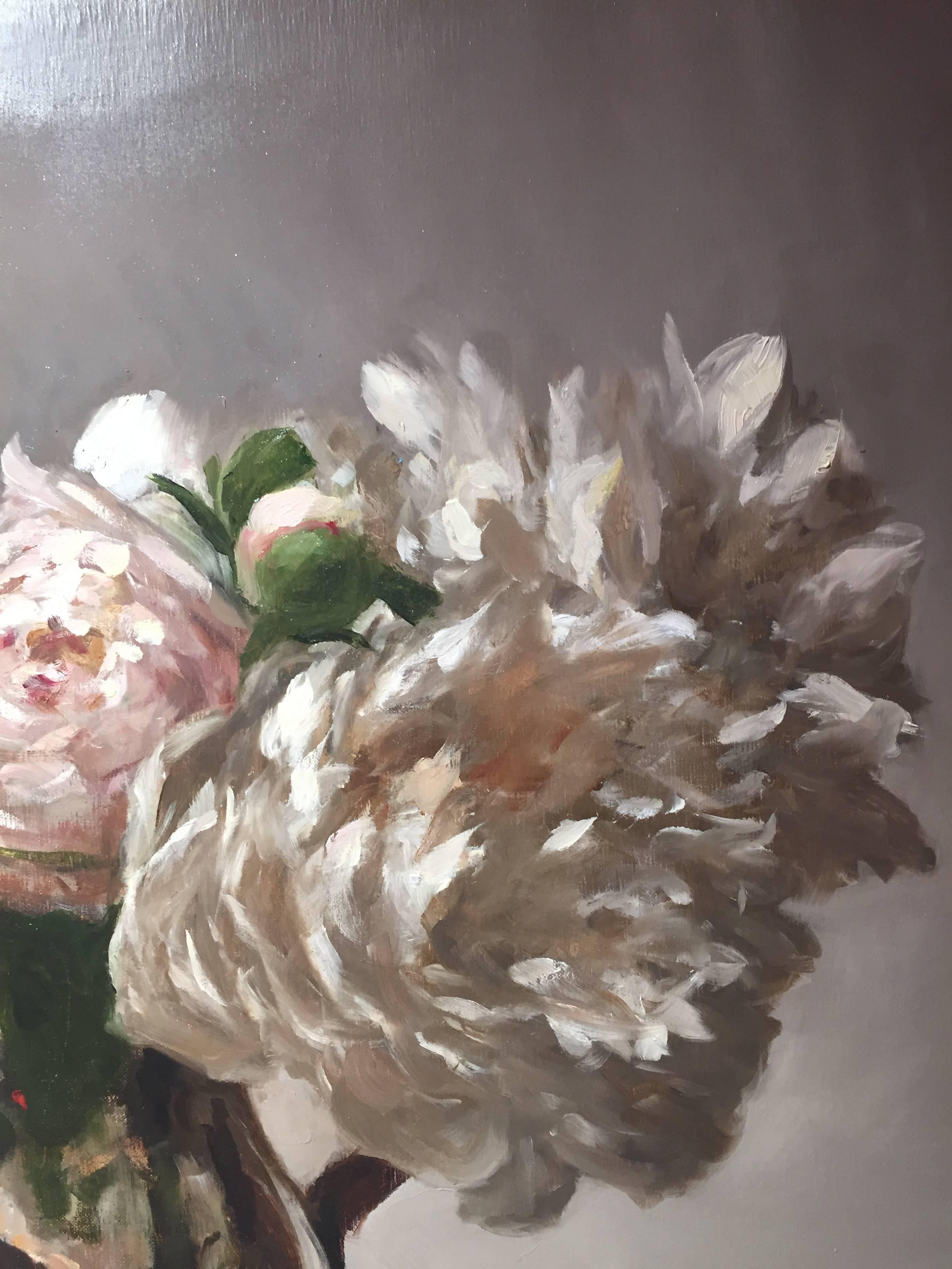 Peonies in Silver - American Realist Painting by Sarah Lamb