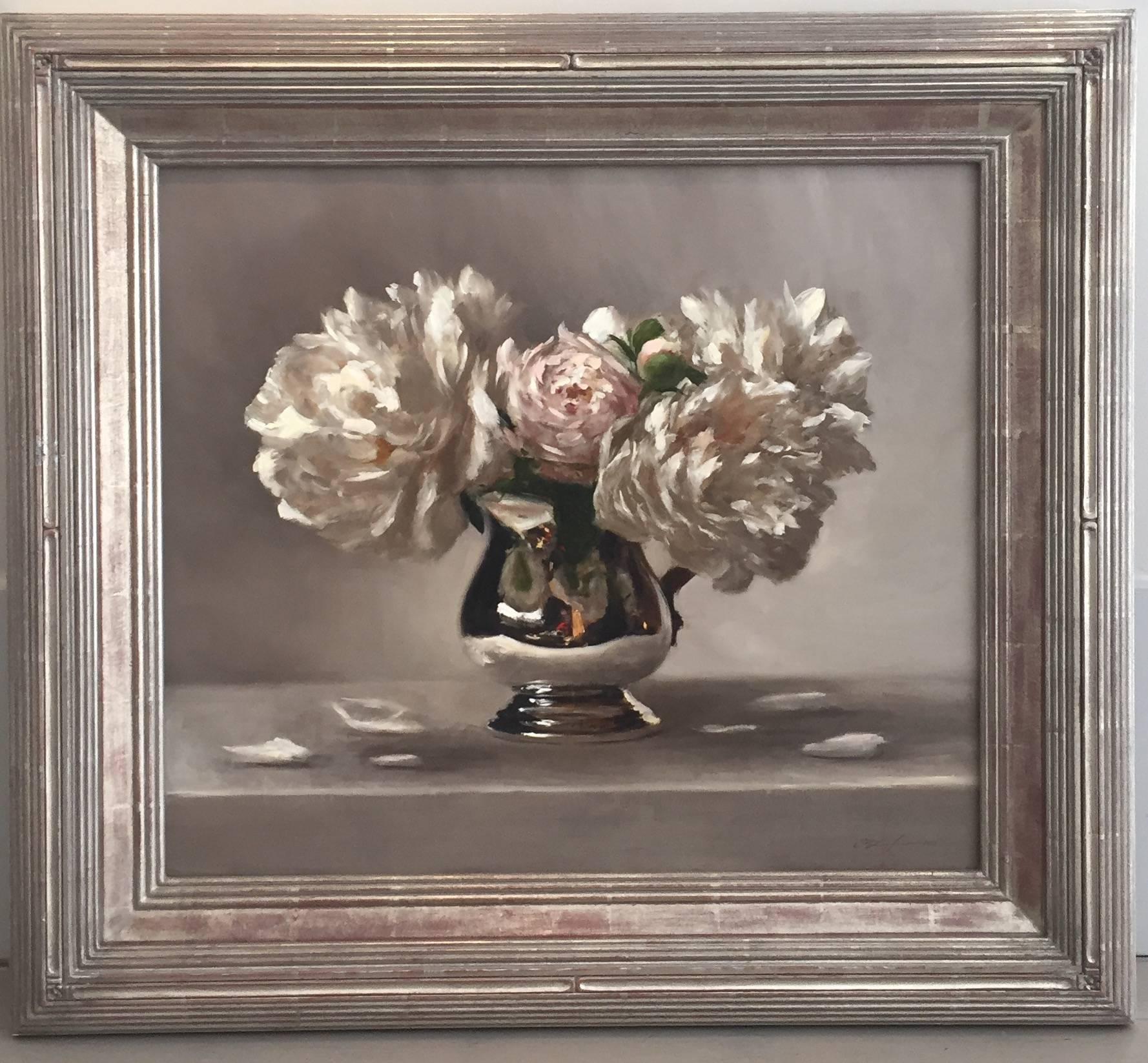Peonies in Silver - Painting by Sarah Lamb