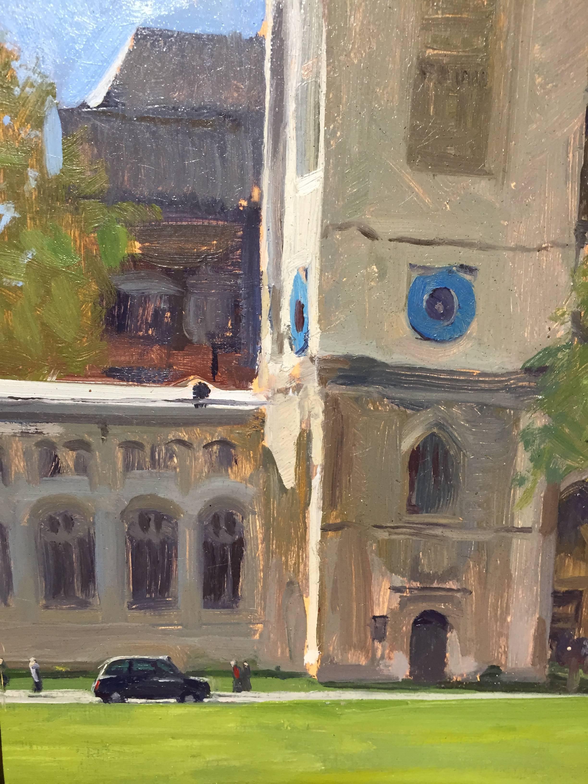 Painted en-plein air Marc Dalessio centers his focus on the tall rectangular facade, light hitting the left side and towers over a small european car parked in the foreground. 2 trees filled with green leaves connote the time of year as springtime