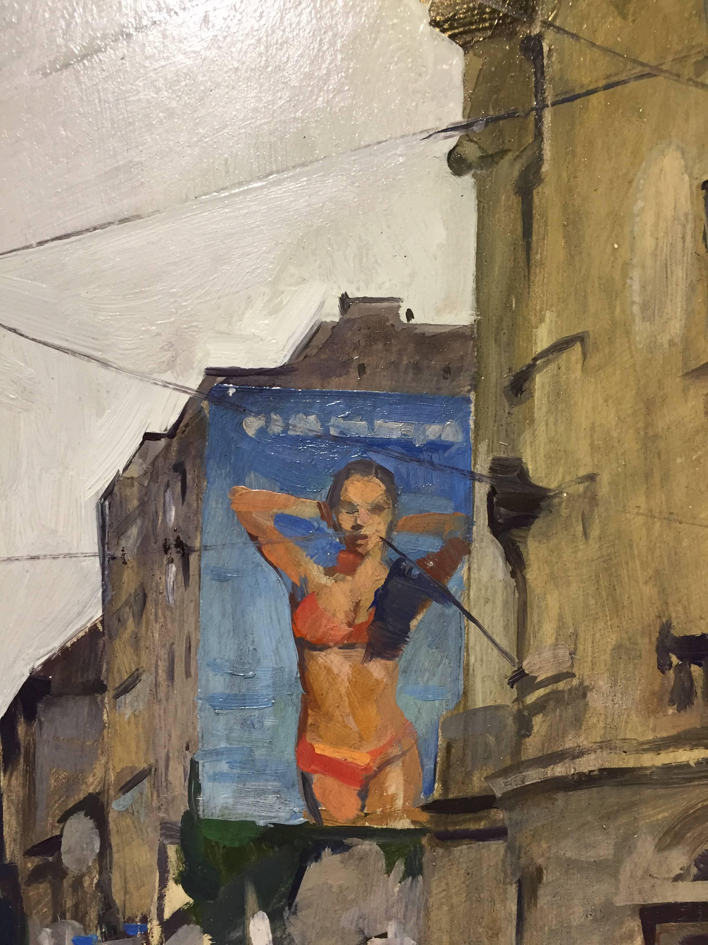 While in Croatia, Dalessio stopped in Zagreb to paint an alluring billboard, of a woman, wet, in a bikini. Thin lines intersect in the atmosphere's foreground, depicting electrical wires, connected to their post's which are unseen in this