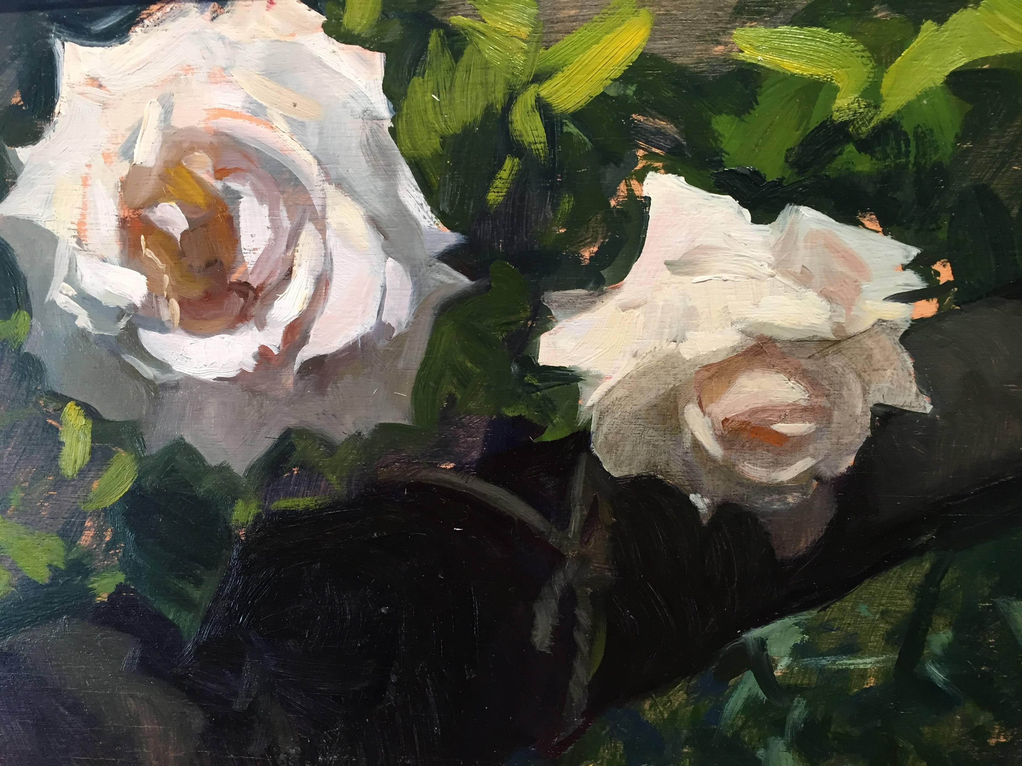 World renowned plein air painter, Marc Dalessio, has captured the essence of two wild roses, how they've grown organically in the natural world. Not trimmed, or arranged at a florist's, 