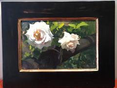 "Two Roses" - oil painting, close up of a white roses on bush, choice of frame