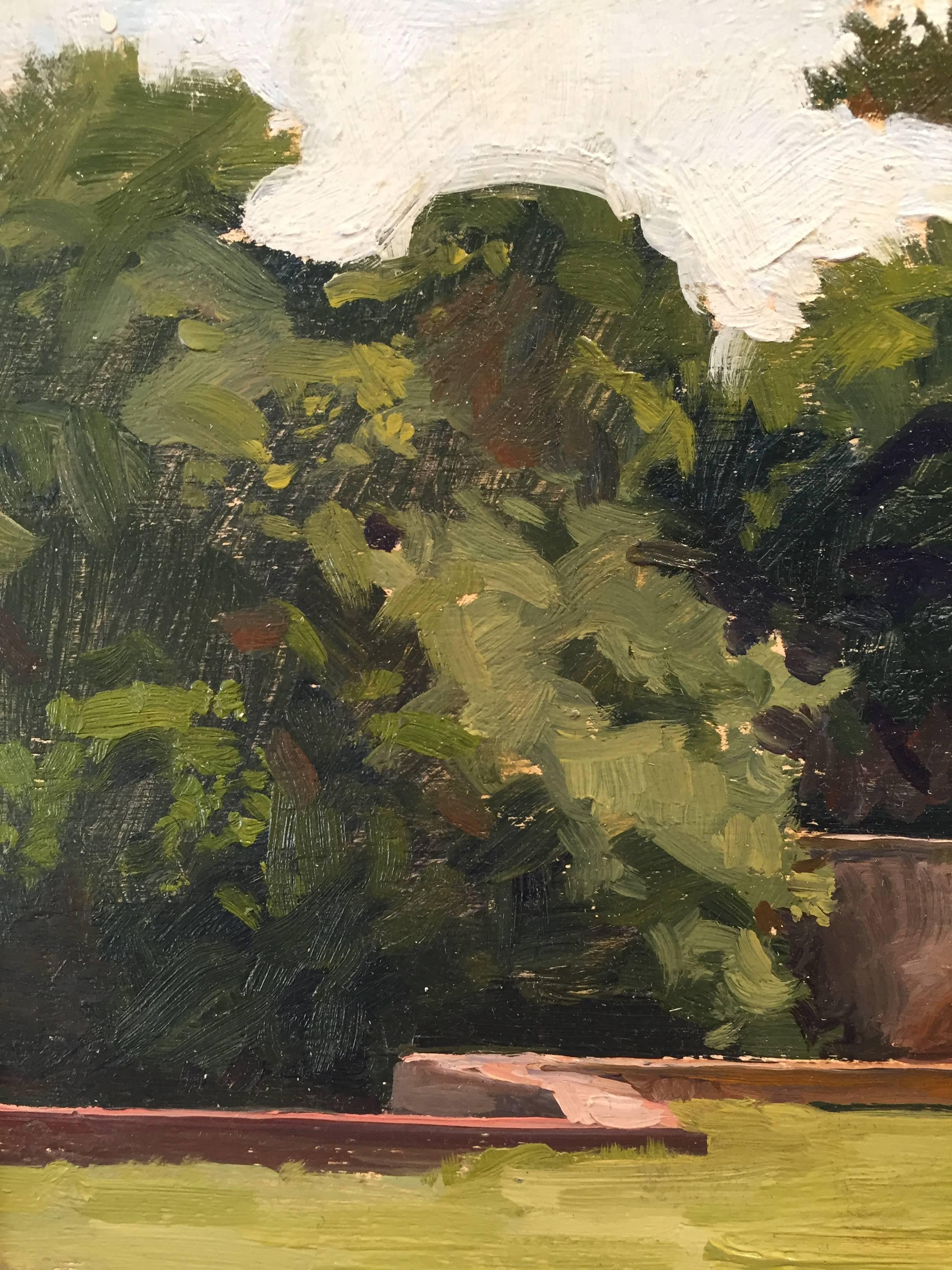 Unframed; Choice of black or gold frame.
Framed dimensions: 13 x 17 inches

Painted en plein air on a sunny day in Tuscany, an outdoor patio meets lawn at this Tuscan country house. Interestingly composed, a rich madly of greens make up a wild array