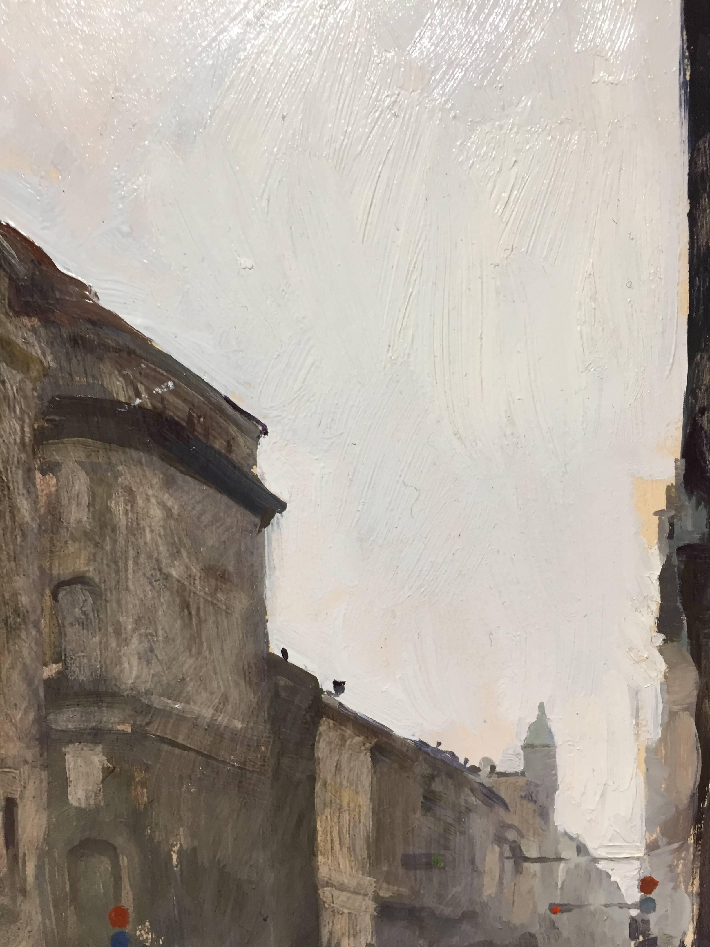 Painted en plein-air in Zagreb, Croatia, one is presented with an authentic representation of the long-withstanding architecture in Europe. Dalessio maps out the buildings and lightly gives them lines of detail, for windows, pediments, fillagree,