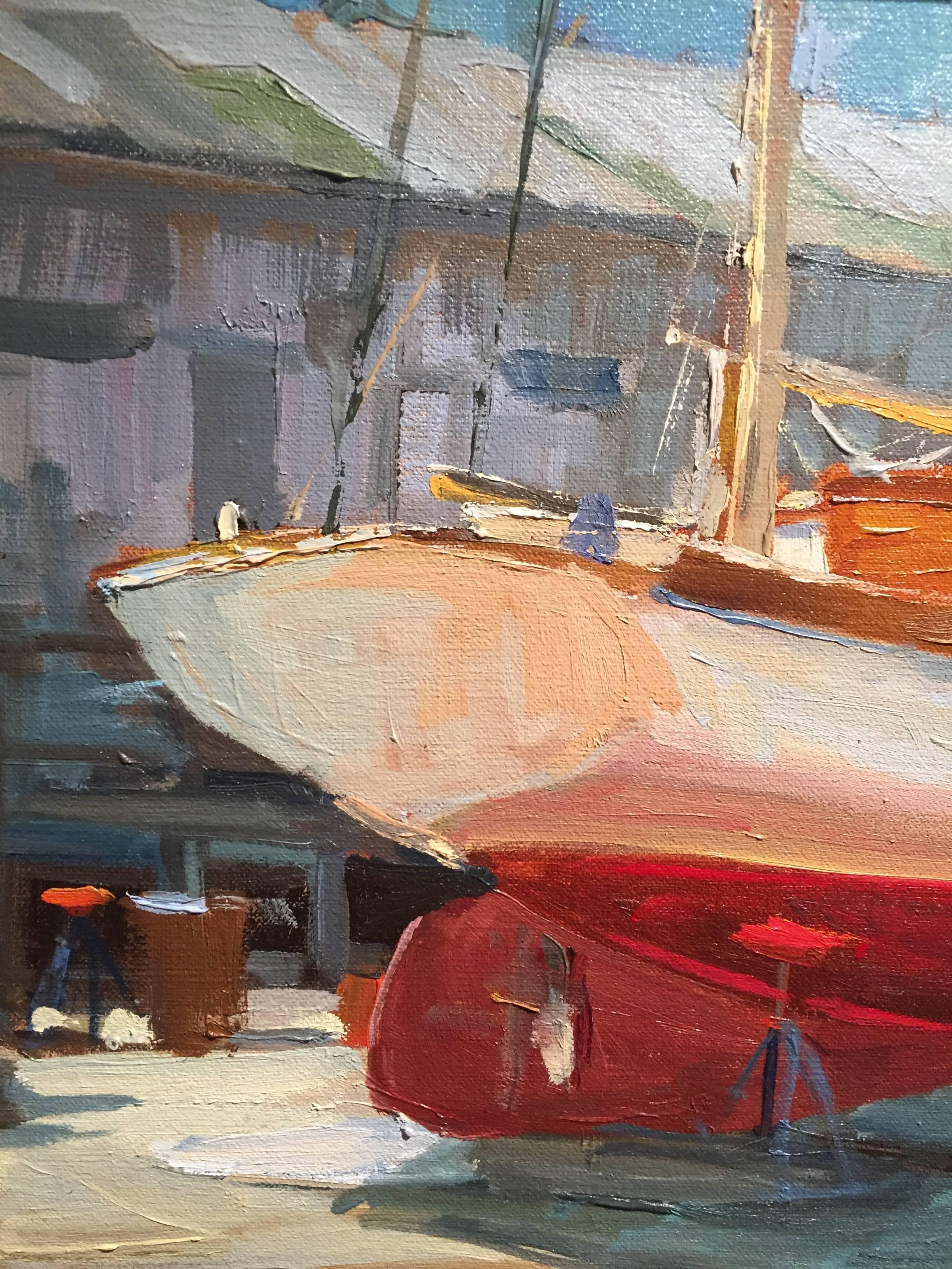 Coqueze Springs, New York was painted en plein-air at a ship-yard in Springs, East Hampton, New York. A Red and white sailboat sits mounted on land, not yet ready to be placed in its destined waters. 

Thomas Cardone was born in New York in 1964. He