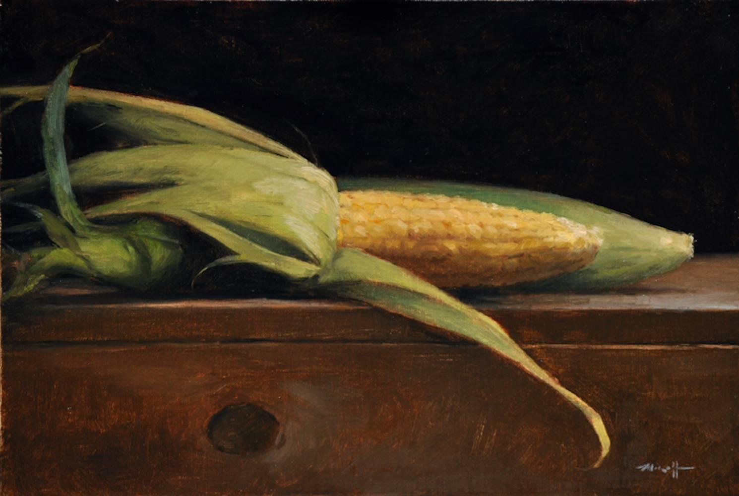 "Fresh Ears" peinture à l'huile réaliste académique contemporaine, agriculteurs récolte de maïs.