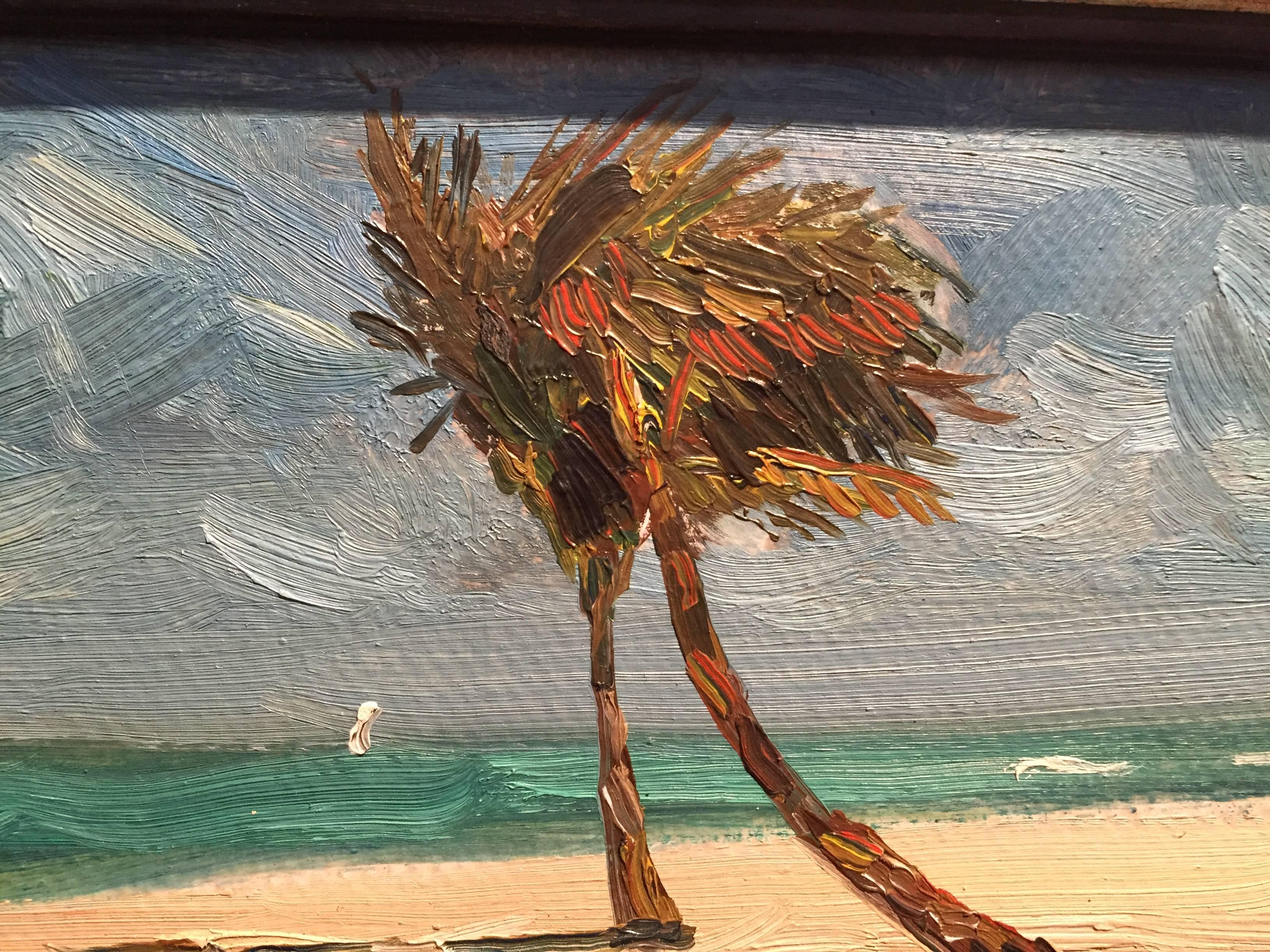 A small scale, horizontally oriented oil painting on panel by American Impressionist Nelson Holbrook White. Every winter, White travels to The Bahamas to paint the bright warm scenery. Two palm trees bend into each other, along a quiet beach. Bright